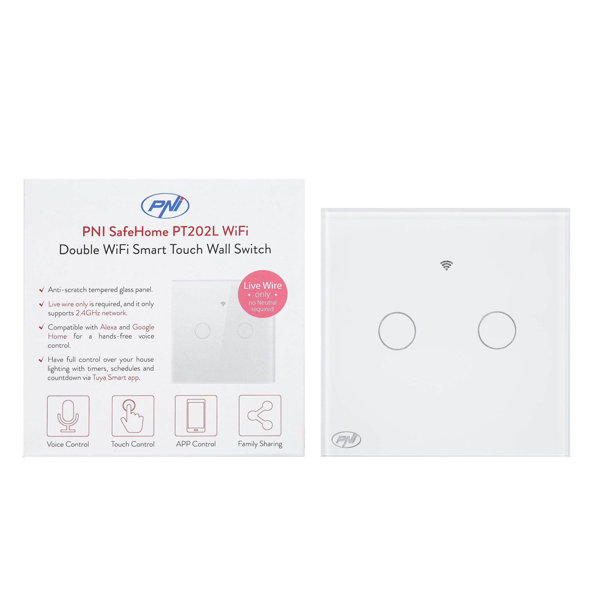 Intrerupator inteligent cu touch PNI SafeHome PT202L WiFi, 10A, control prin aplicatia Tuya Smart, compatibil cu Alexa si Google Assistant - Live Wire, fara nul