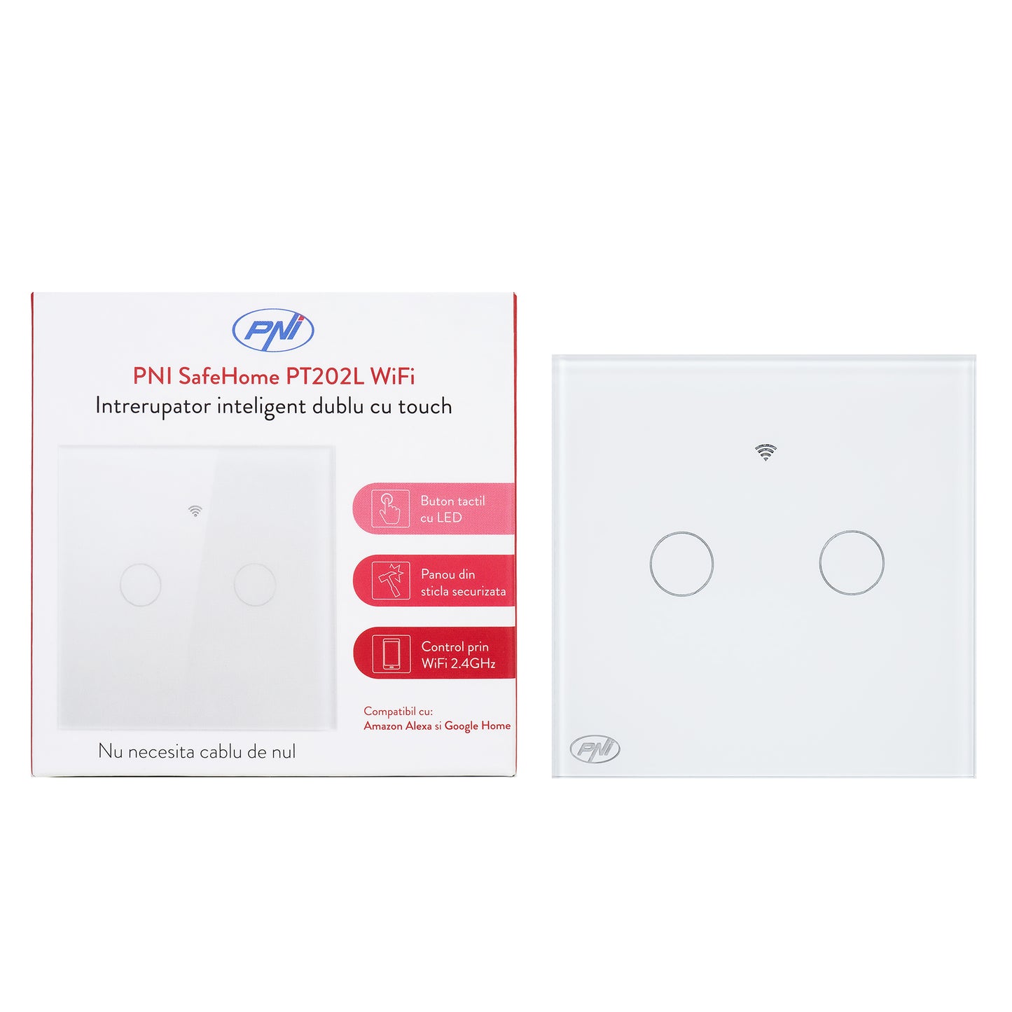 Intrerupator inteligent cu touch PNI SafeHome PT202L WiFi, 10A, control prin aplicatia Tuya Smart, compatibil cu Alexa si Google Assistant - Live Wire, fara nul