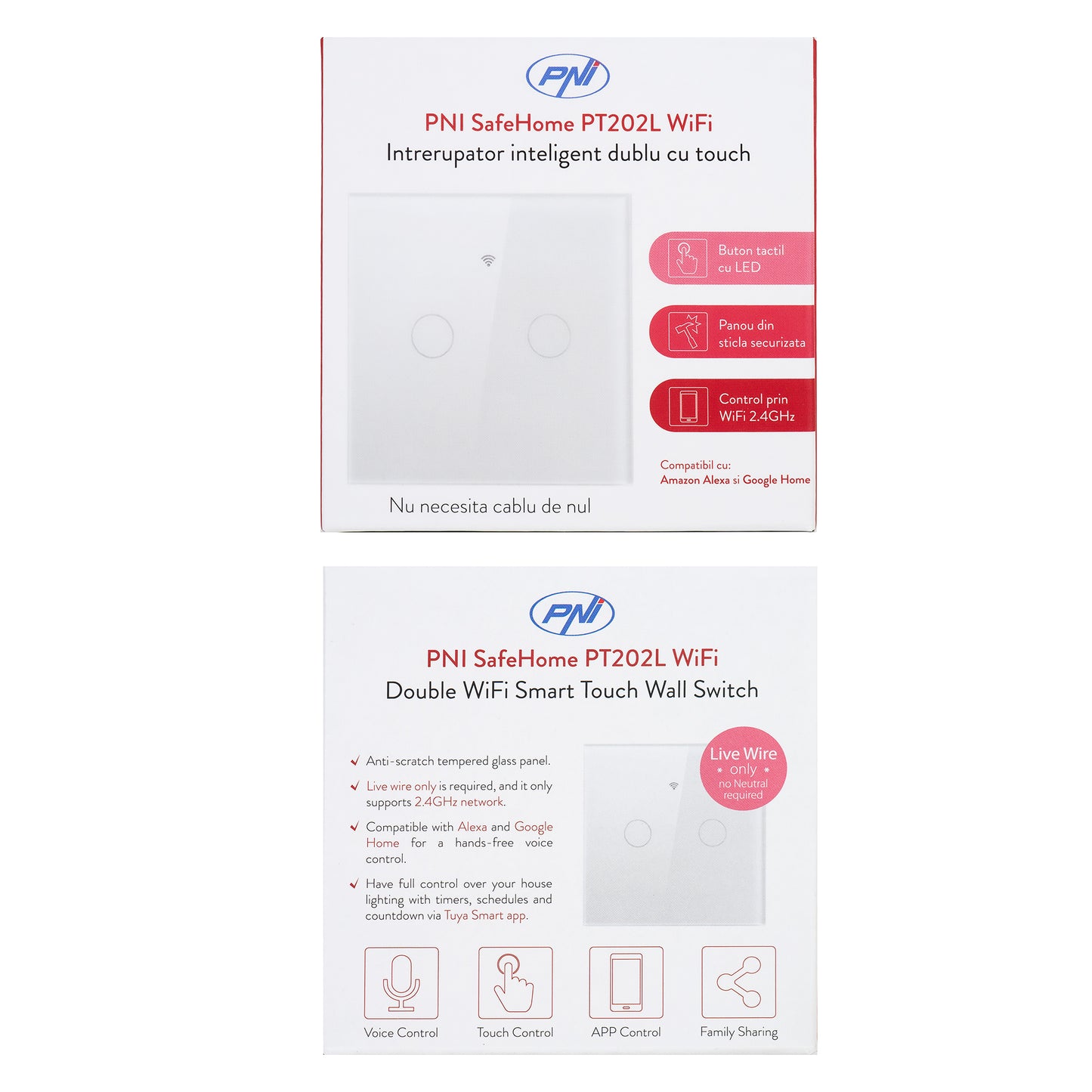 Intrerupator inteligent cu touch PNI SafeHome PT202L WiFi, 10A, control prin aplicatia Tuya Smart, compatibil cu Alexa si Google Assistant - Live Wire, fara nul