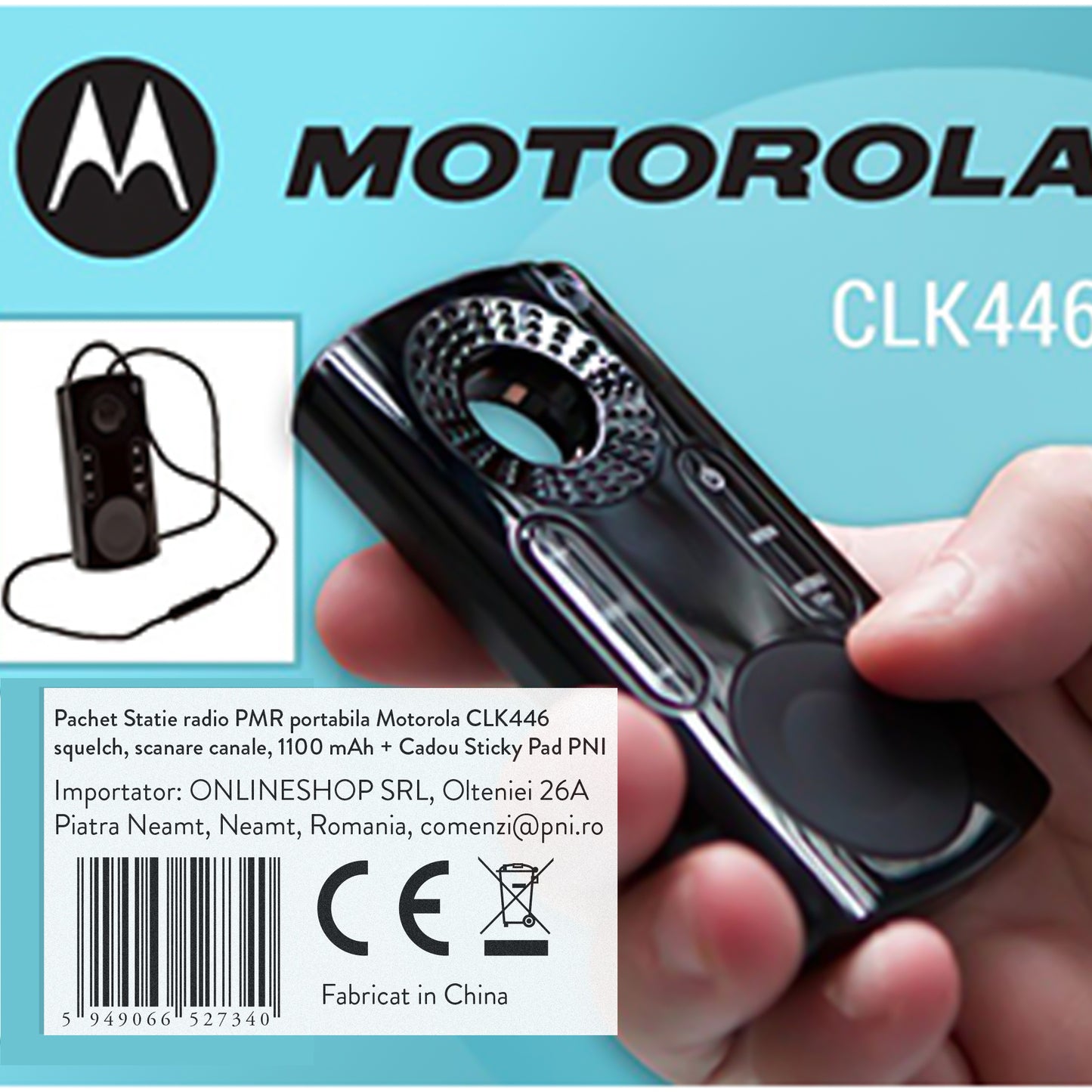 Pachet Statie radio PMR portabila Motorola CLK446, squelch, scanare canale, 1100 mAh + Cadou Sticky Pad PNI