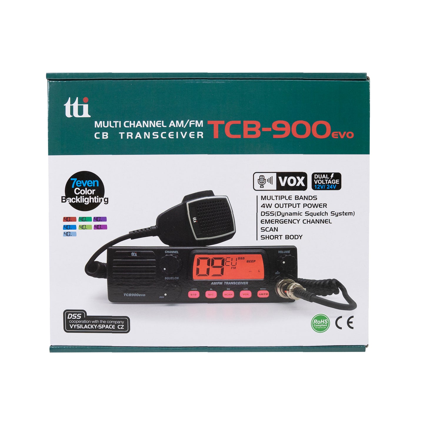 Statie radio CB TTi TCB-900 EVO, DSS, SQ, Dual Watch, Mic Gain, 12V-24V, conector dongle Bluetooth