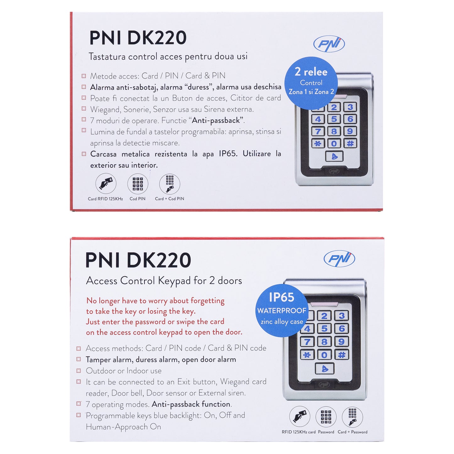 Tastatura control acces PNI DK220, stand alone, exterior si interior, IP65, cu 2 relee