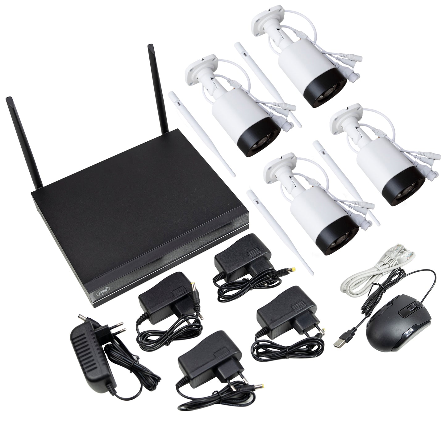 Kit supraveghere video PNI House WiFi832 NVR si 4 camere wireless de exterior 3MP, P2P, IP65