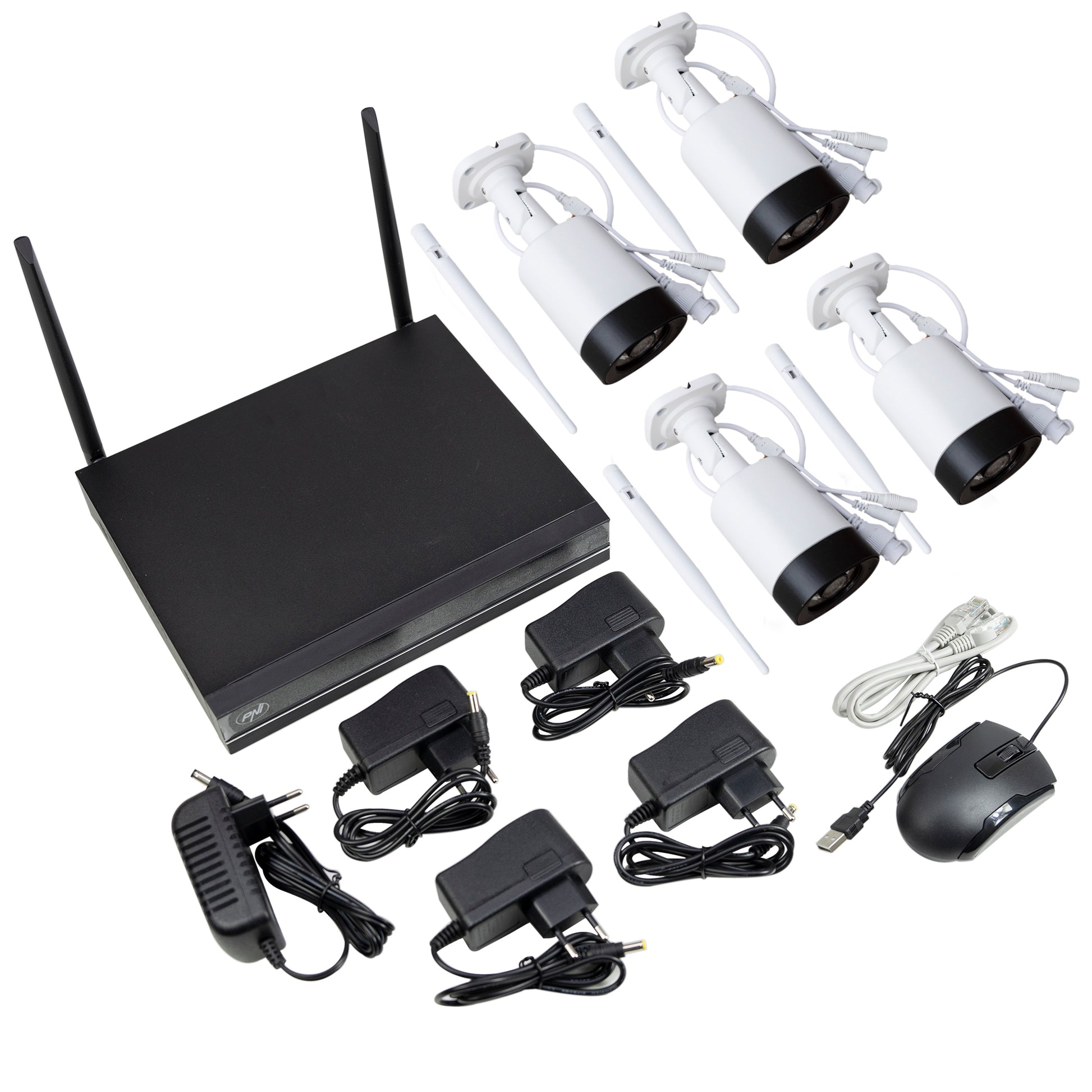 Kit supraveghere video PNI House WiFi832 NVR si 4 camere wireless de exterior 3MP, P2P, IP65