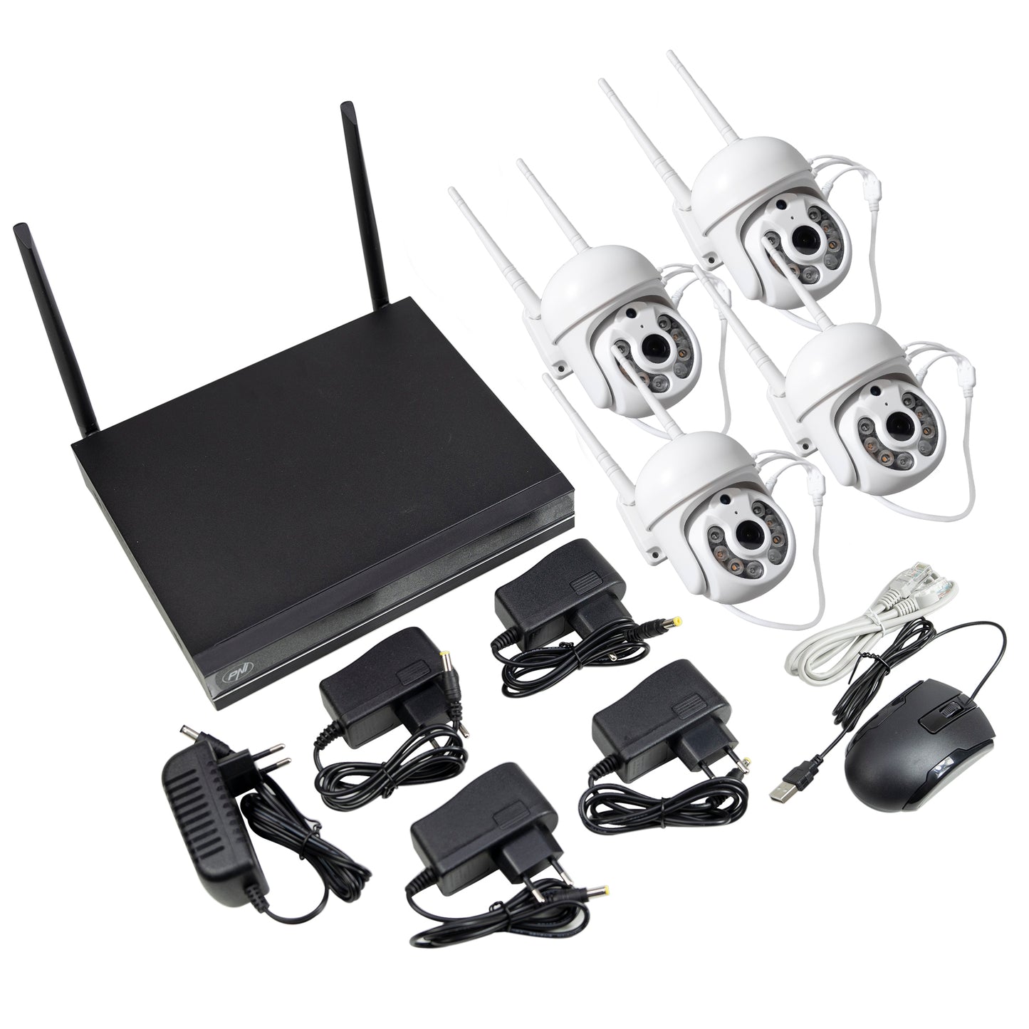 Kit supraveghere video PNI House WiFi833 NVR si 4 camere wireless de exterior 3MP, P2P, IP65