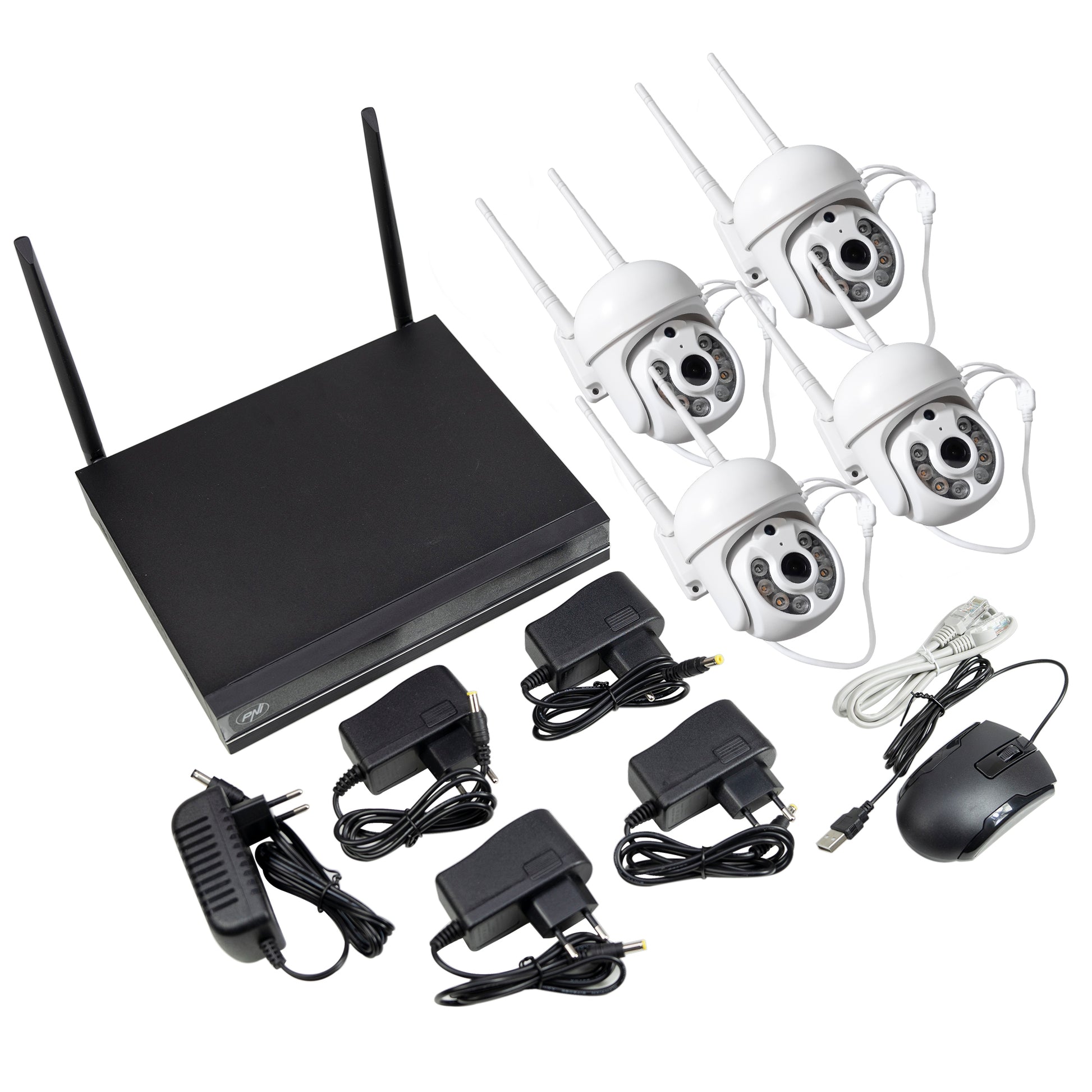 Kit supraveghere video PNI House WiFi833 NVR si 4 camere wireless de exterior 3MP, P2P, IP65