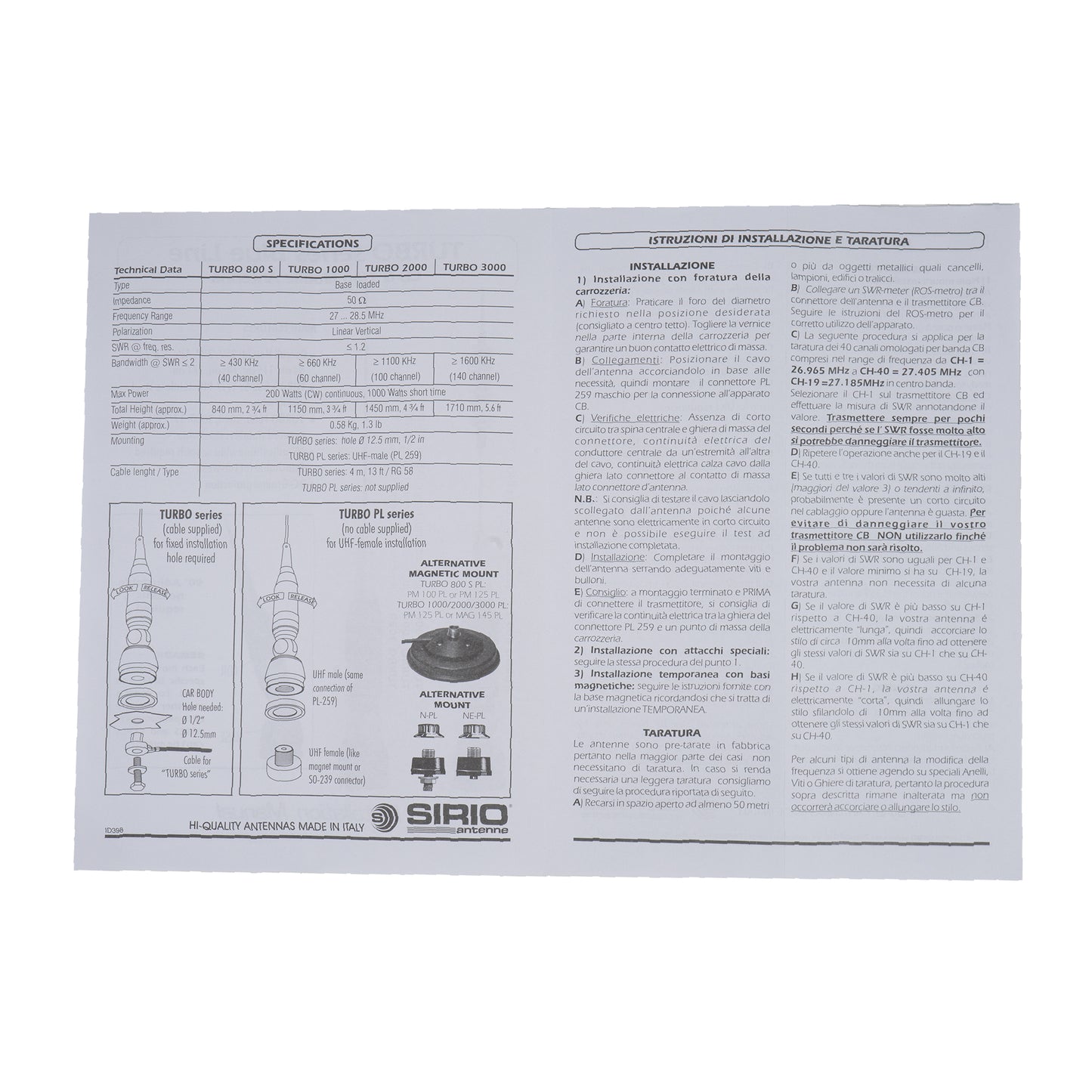 Antena CB Sirio Turbo 3000PL Blue Line Cod 2202405.41 fara cablu