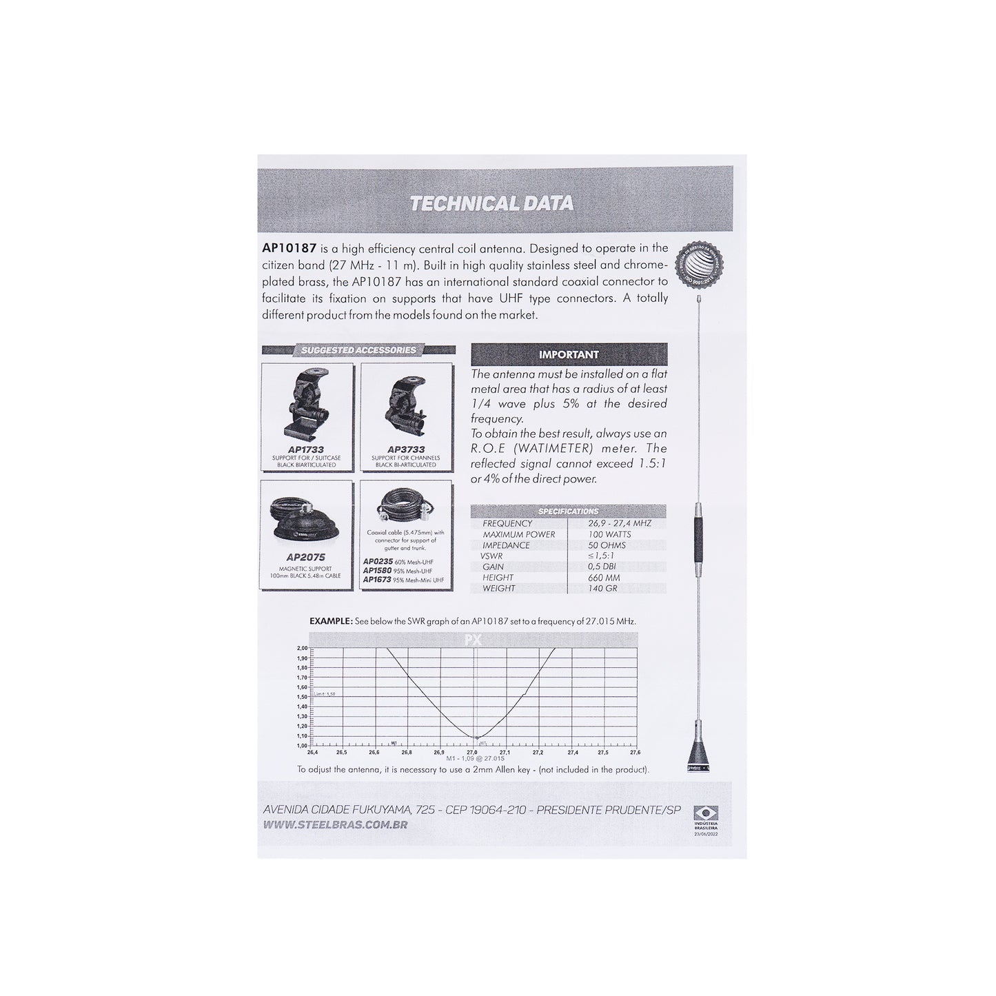 Antena CB PNI Steelbras AP10187, 66cm, 26.9-27.4MHz, 0.5dBi, 100W, fara accesorii