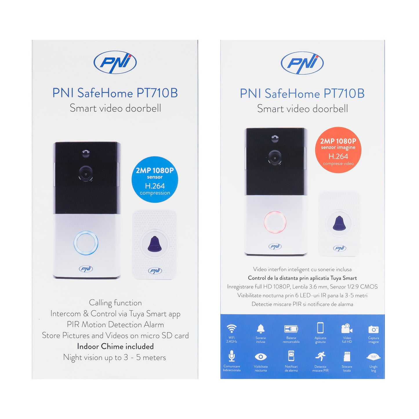 Interfon video inteligent PNI SafeHome PT710B WiFi  HD, P2P, acumulator si Sonerie 36 melodii inclusa, aplicatie dedicata Tuya Smart, integrare in scenarii si automatizari smart cu alte produse compatibile Tuya