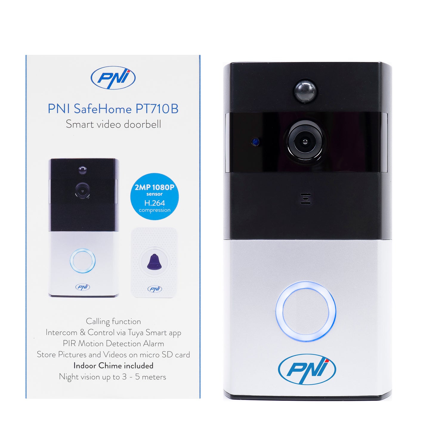 Interfon video inteligent PNI SafeHome PT710B WiFi  HD, P2P, acumulator si Sonerie 36 melodii inclusa, aplicatie dedicata Tuya Smart, integrare in scenarii si automatizari smart cu alte produse compatibile Tuya