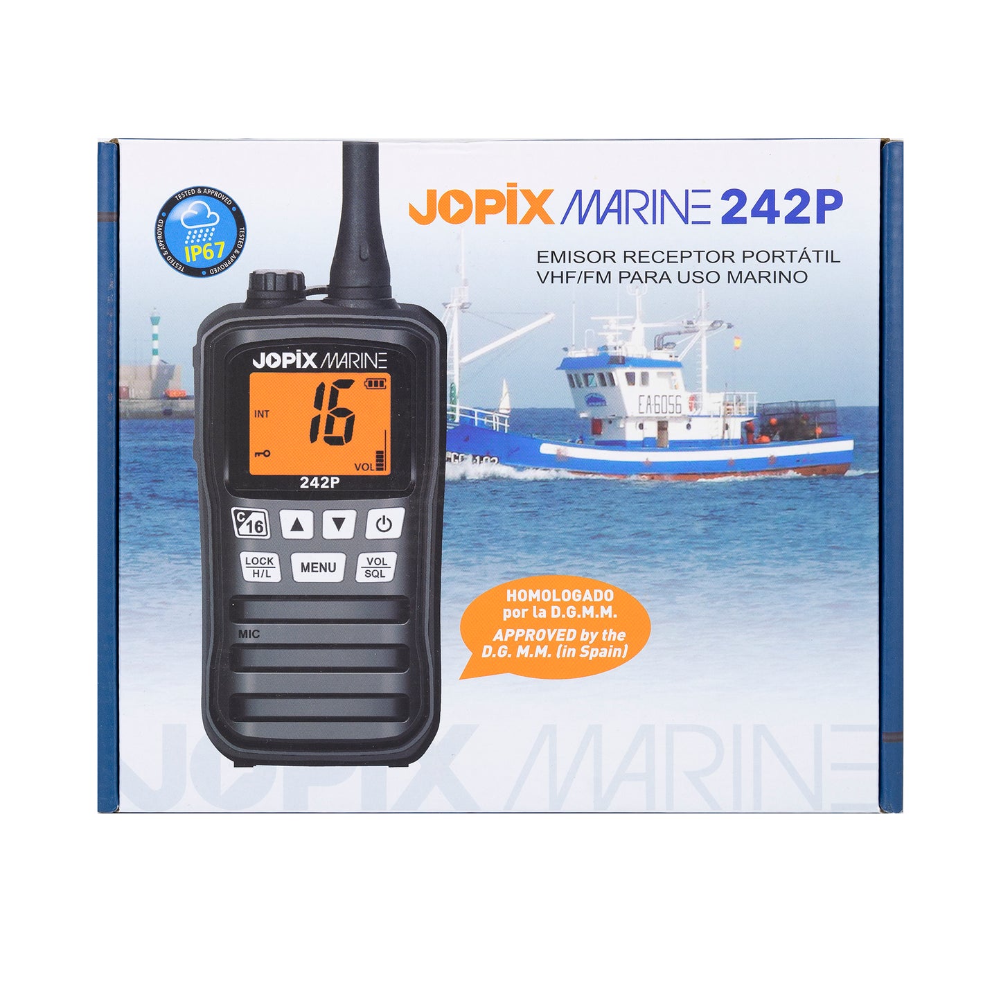 Statie radio maritima portabila JOPIX MARINE 242P, 156.000-162.000 Mhz, Scan, ASQ, Dual-Tri Watch, acumulatori AAA inclusi
