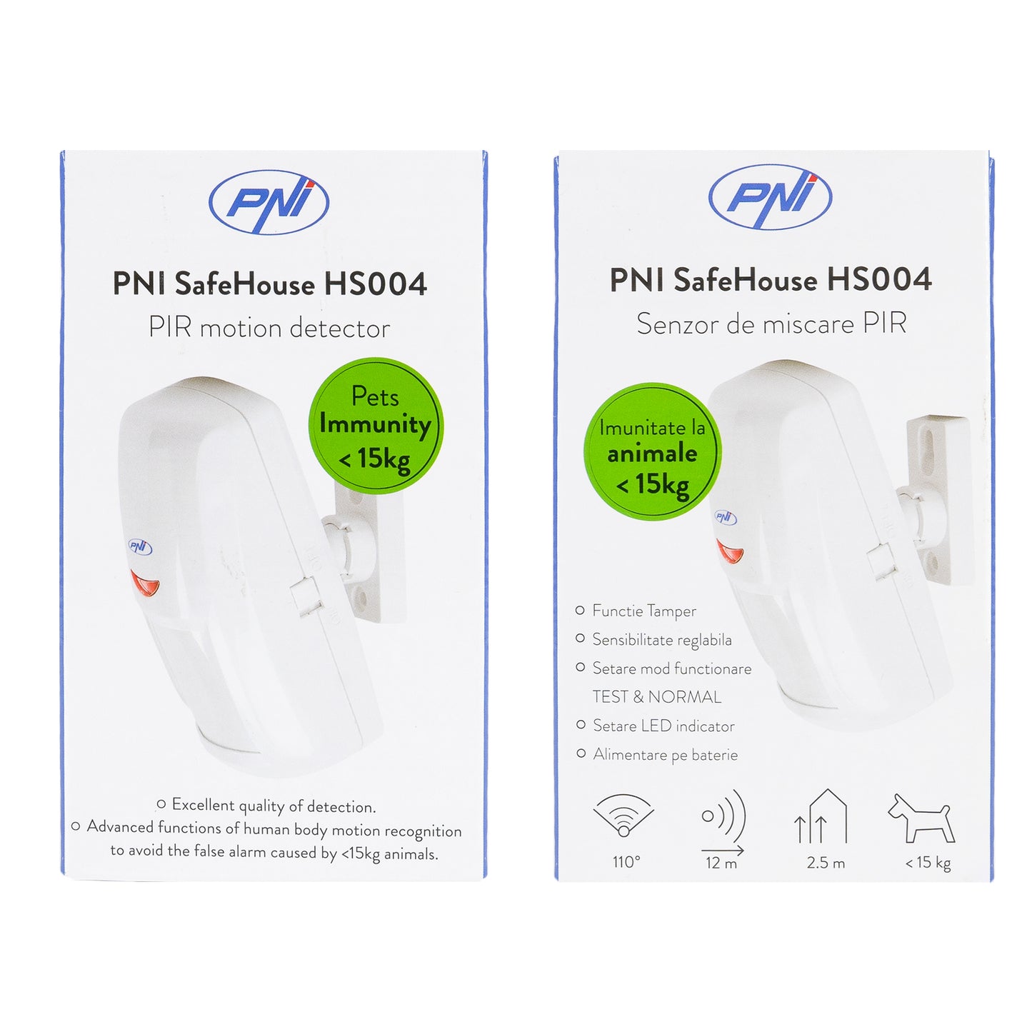 Senzor de miscare PIR PNI SafeHouse HS004, pentru sisteme de alarma wireless, cu imunitate la animale, sensibilitate reglabila