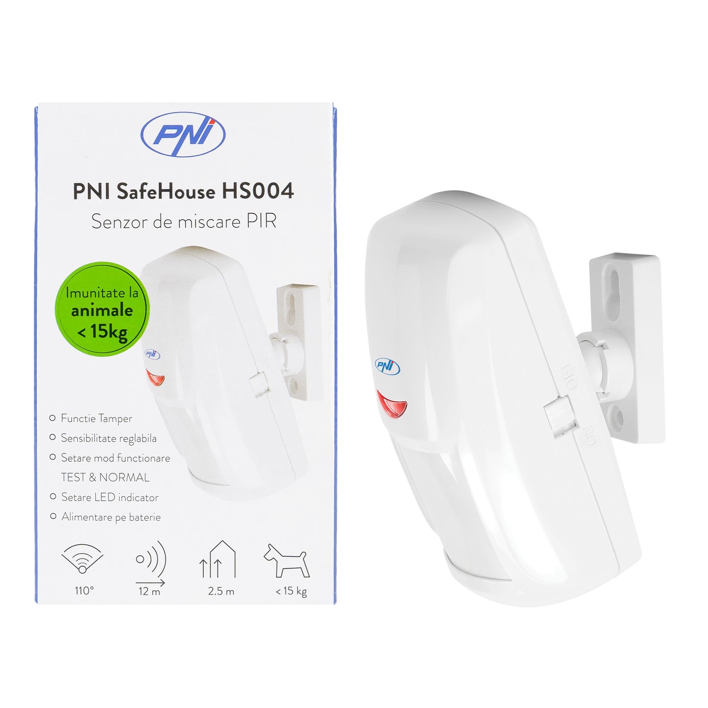 Senzor de miscare PIR PNI SafeHouse HS004, pentru sisteme de alarma wireless, cu imunitate la animale, sensibilitate reglabila
