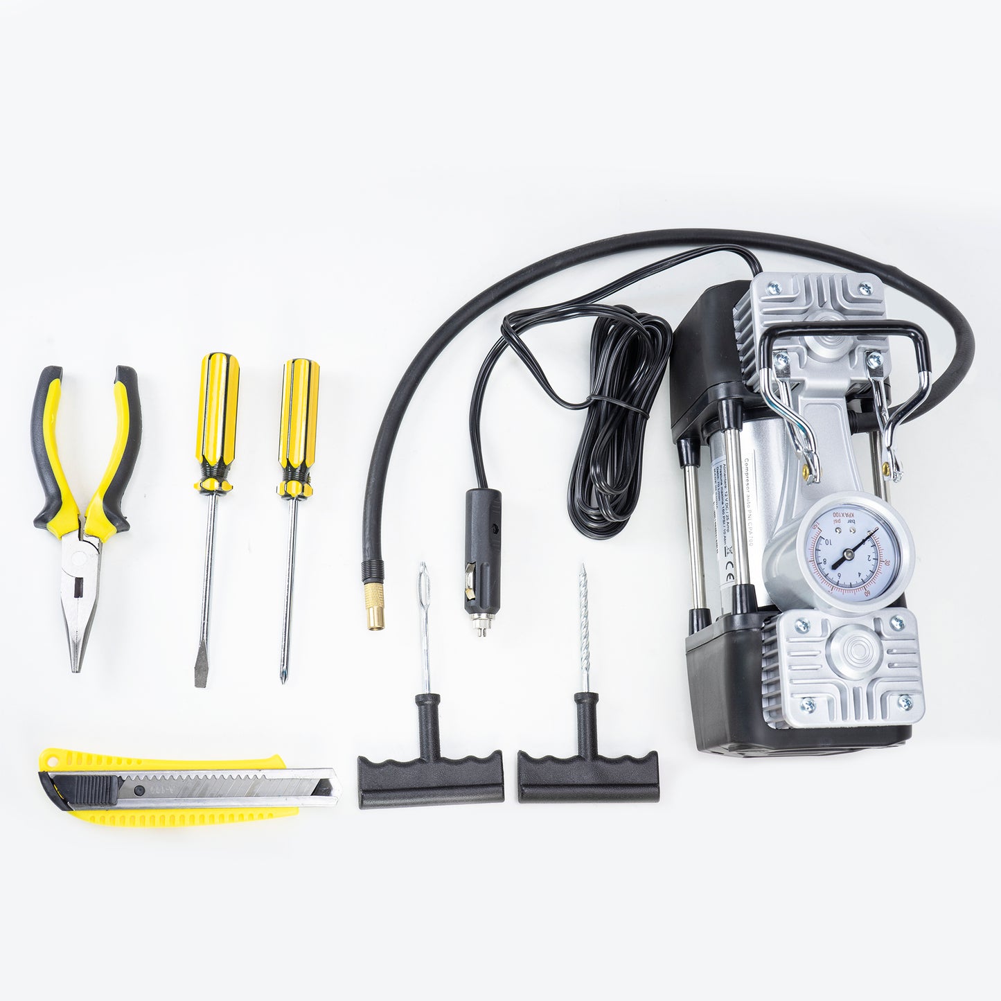 Compresor auto PNI CPA700 dublu piston si kit reparatie anvelope, 12V, 25A