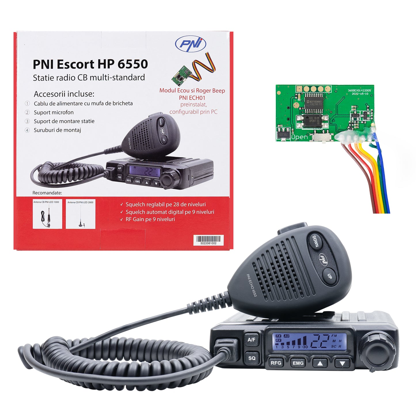 Statie radio CB PNI Escort HP 6550 cu PNI ECH01 instalat, multistandard, 4W, AM-FM, 12V, ASQ, cu modul de ecou