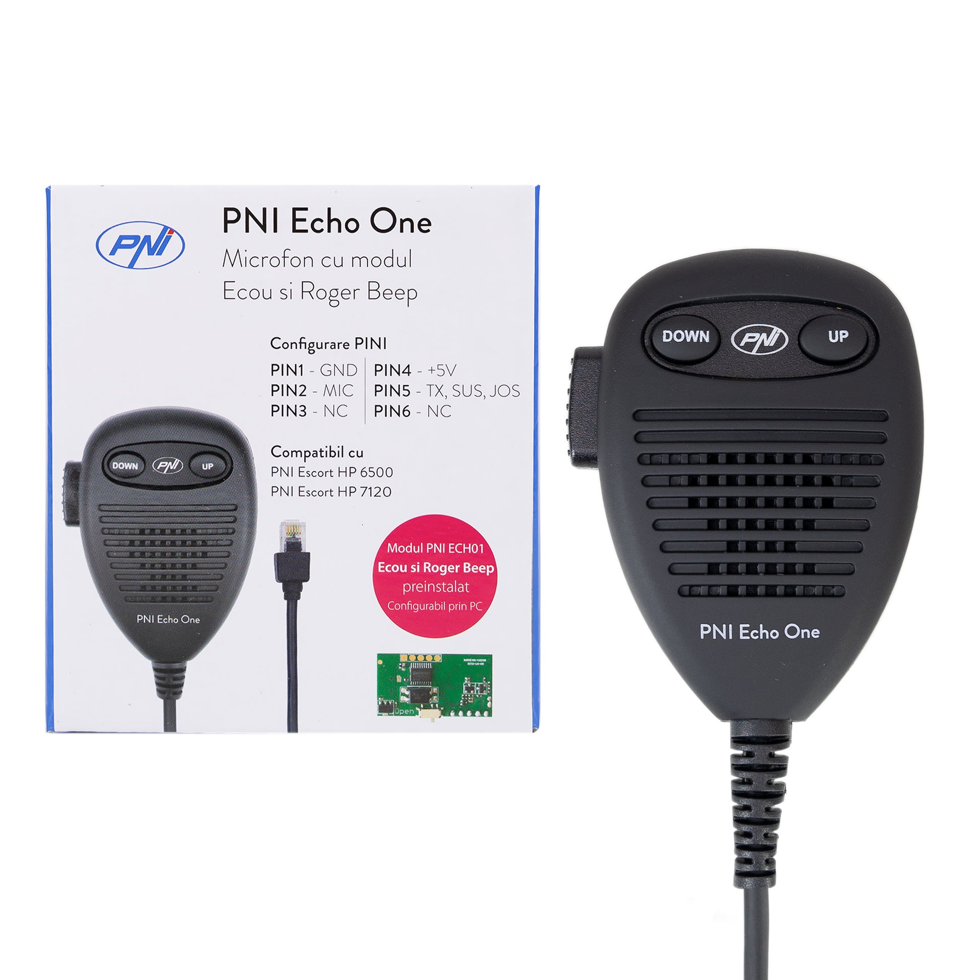 Microfon PNI Echo One pentru PNI HP 6500 si PNI HP 7120 cu modul de ecou ajustabil si roger beep programabil compatibil cu orice model de statie radio.