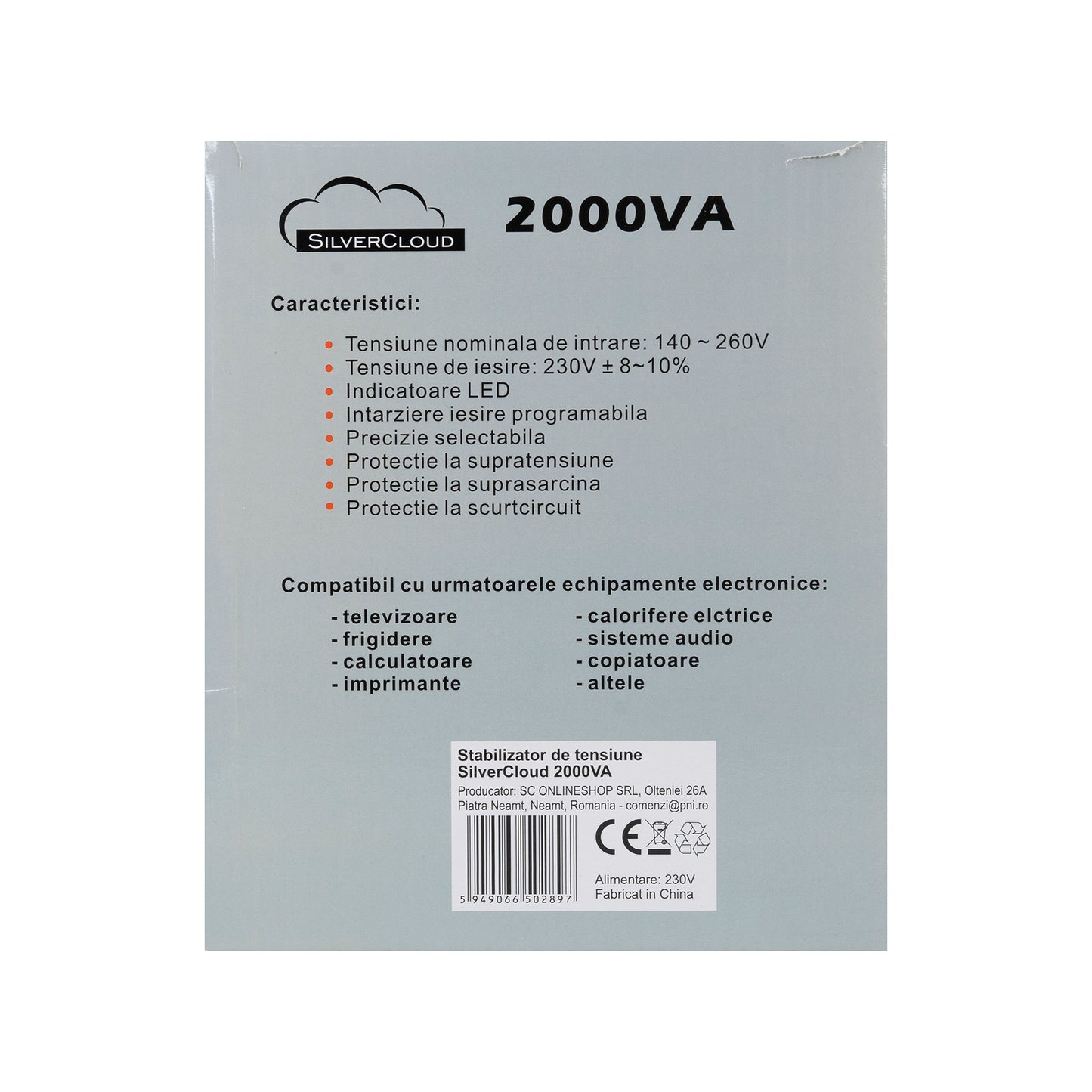 Stabilizator de tensiune SilverCloud 2000VA 1200W 9.1A iesire 230V ± 10%