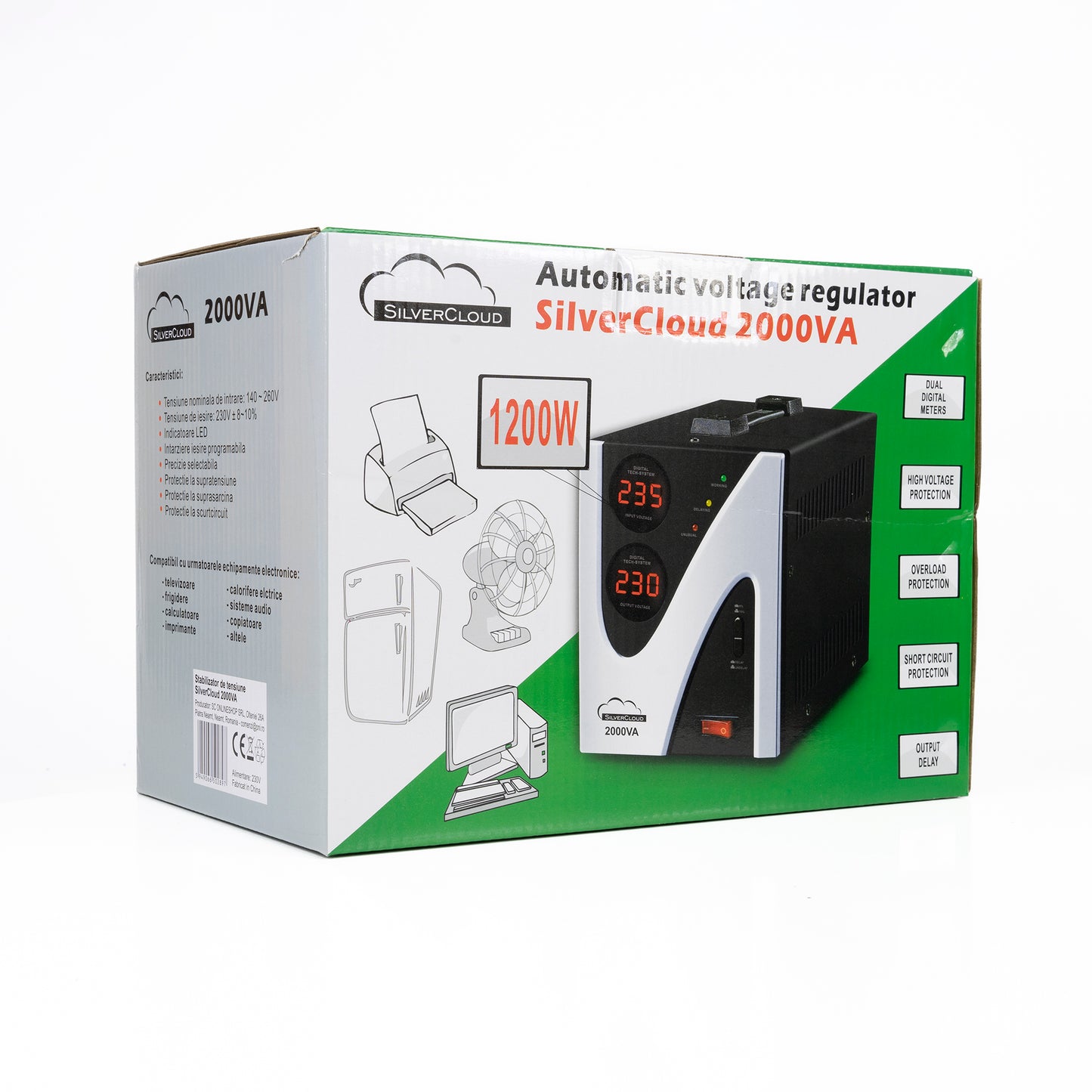 Stabilizator de tensiune SilverCloud 2000VA 1200W 9.1A iesire 230V ± 10%