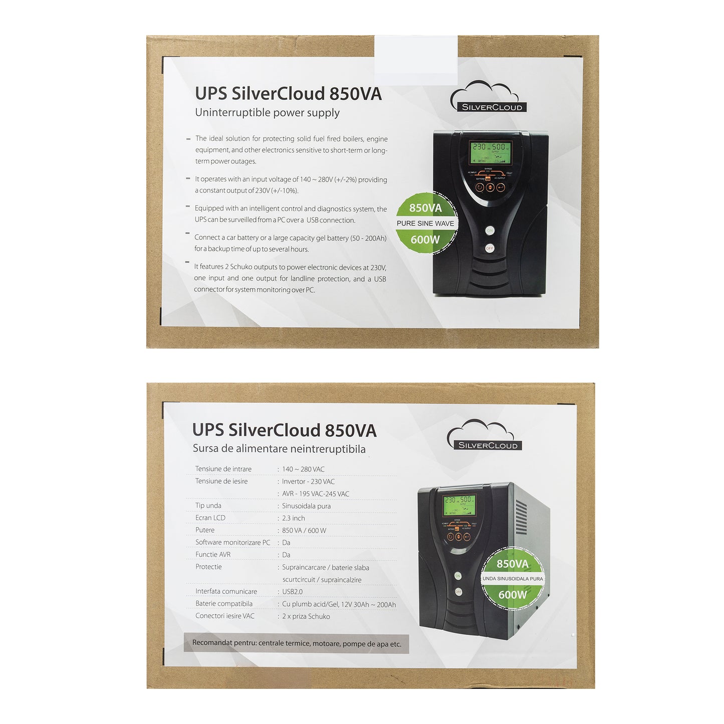 UPS SilverCloud 850VA cu ecran LCD sinusoida pura pentru centrale termice