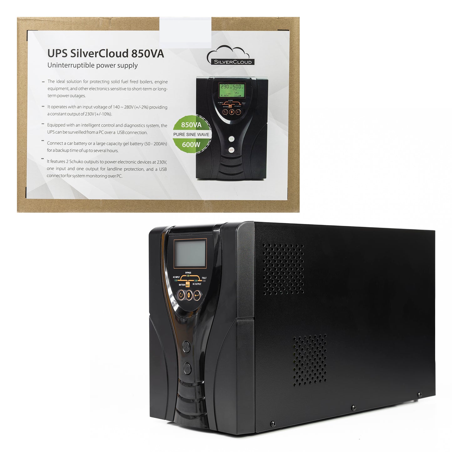 UPS SilverCloud 850VA cu ecran LCD sinusoida pura pentru centrale termice