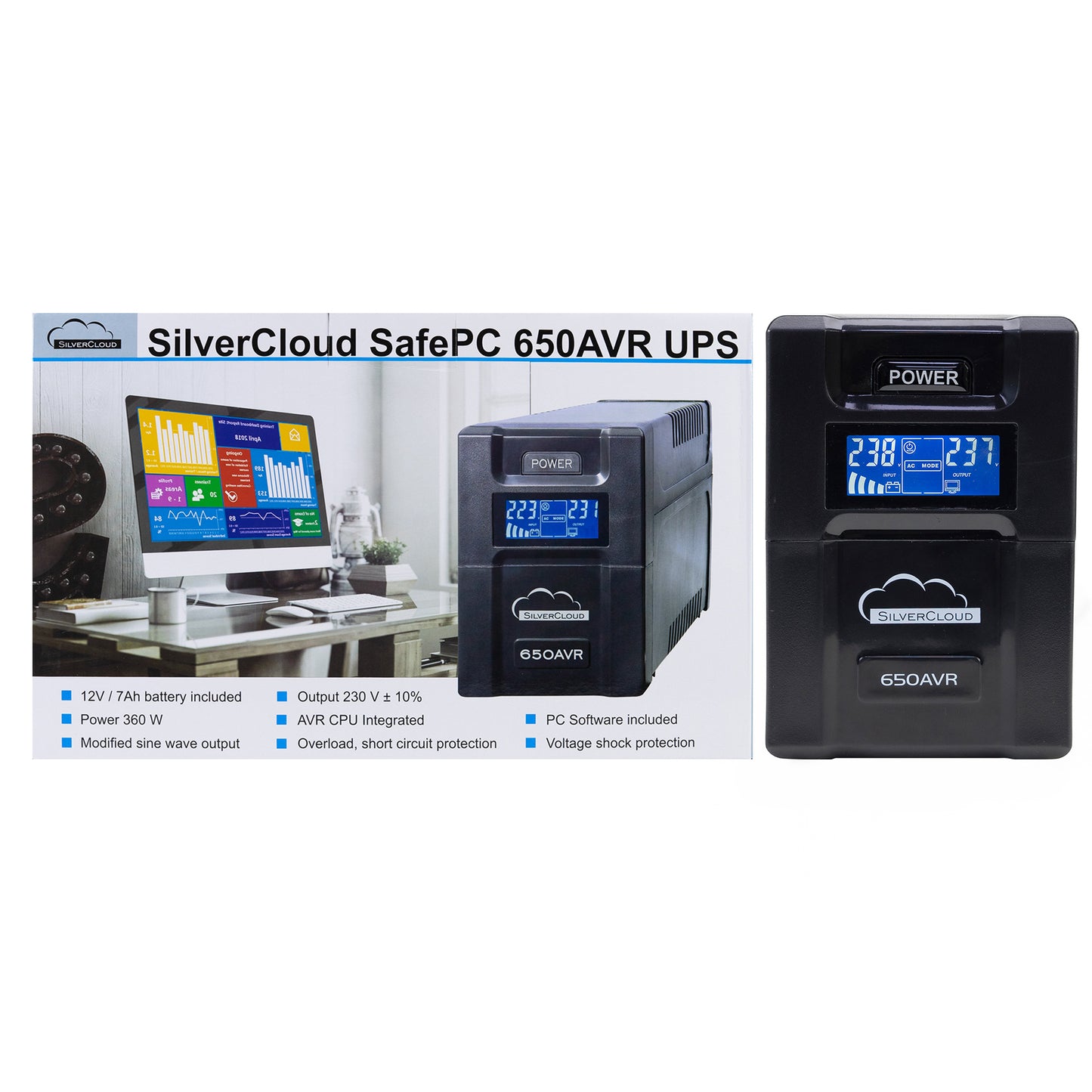 UPS SilverCloud SafePC 650AVR putere 360W ecran LCD software monitorizare PC