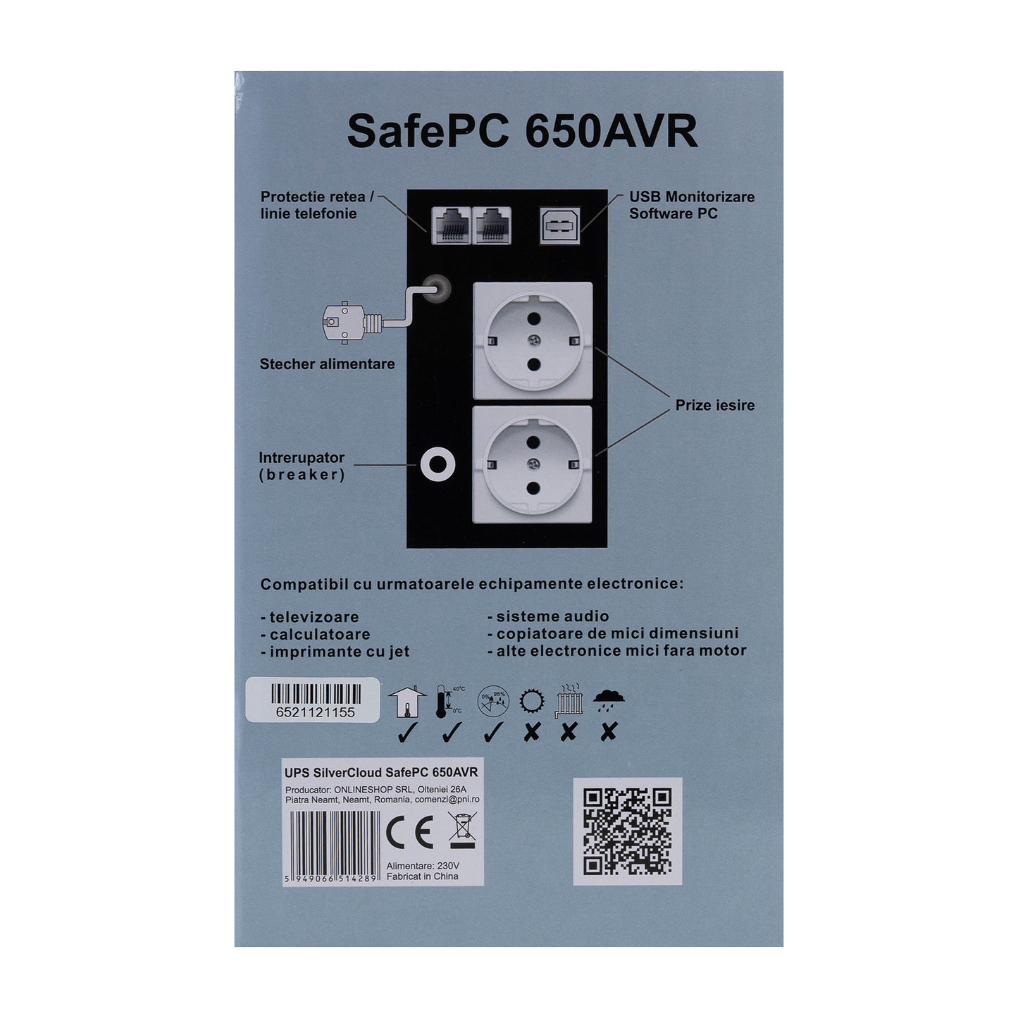 UPS SilverCloud SafePC 650AVR putere 360W ecran LCD software monitorizare PC