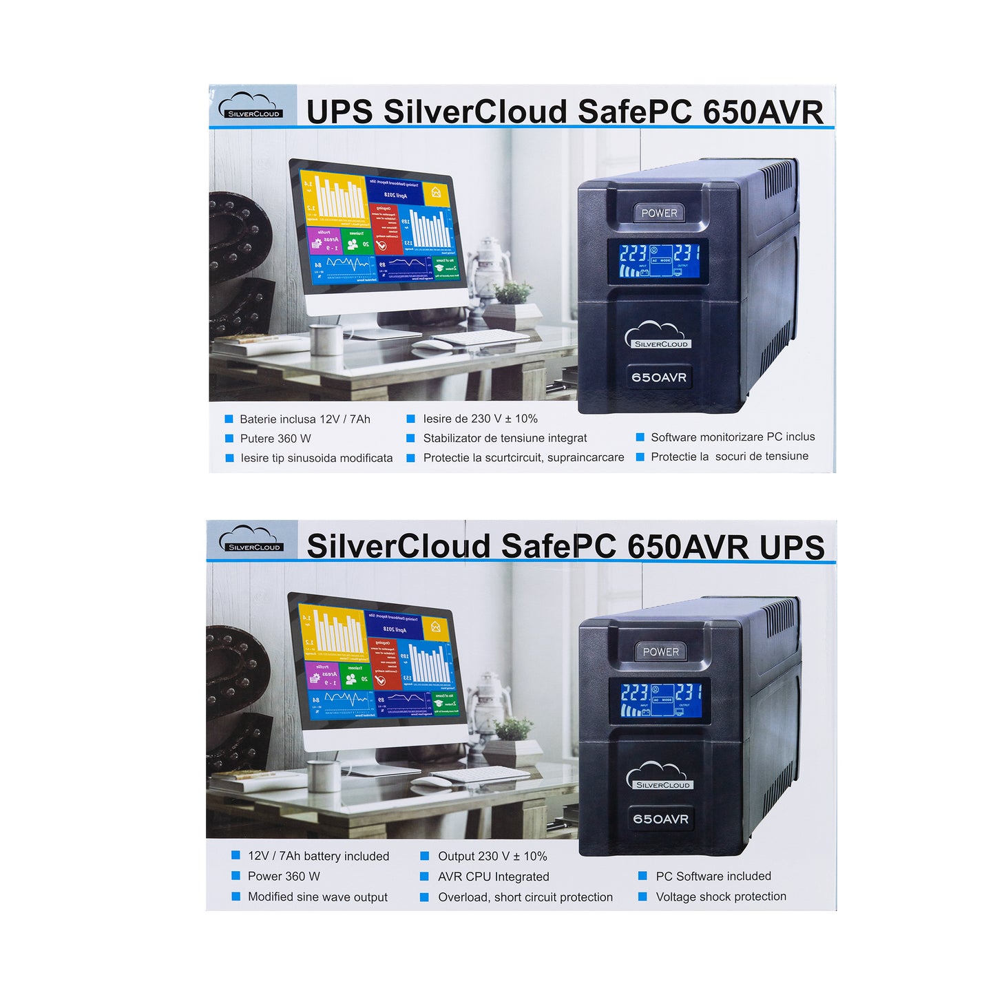 UPS SilverCloud SafePC 650AVR putere 360W ecran LCD software monitorizare PC