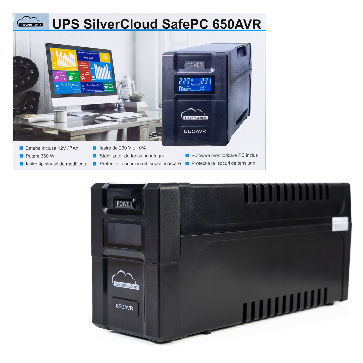 UPS SilverCloud SafePC 650AVR putere 360W ecran LCD software monitorizare PC