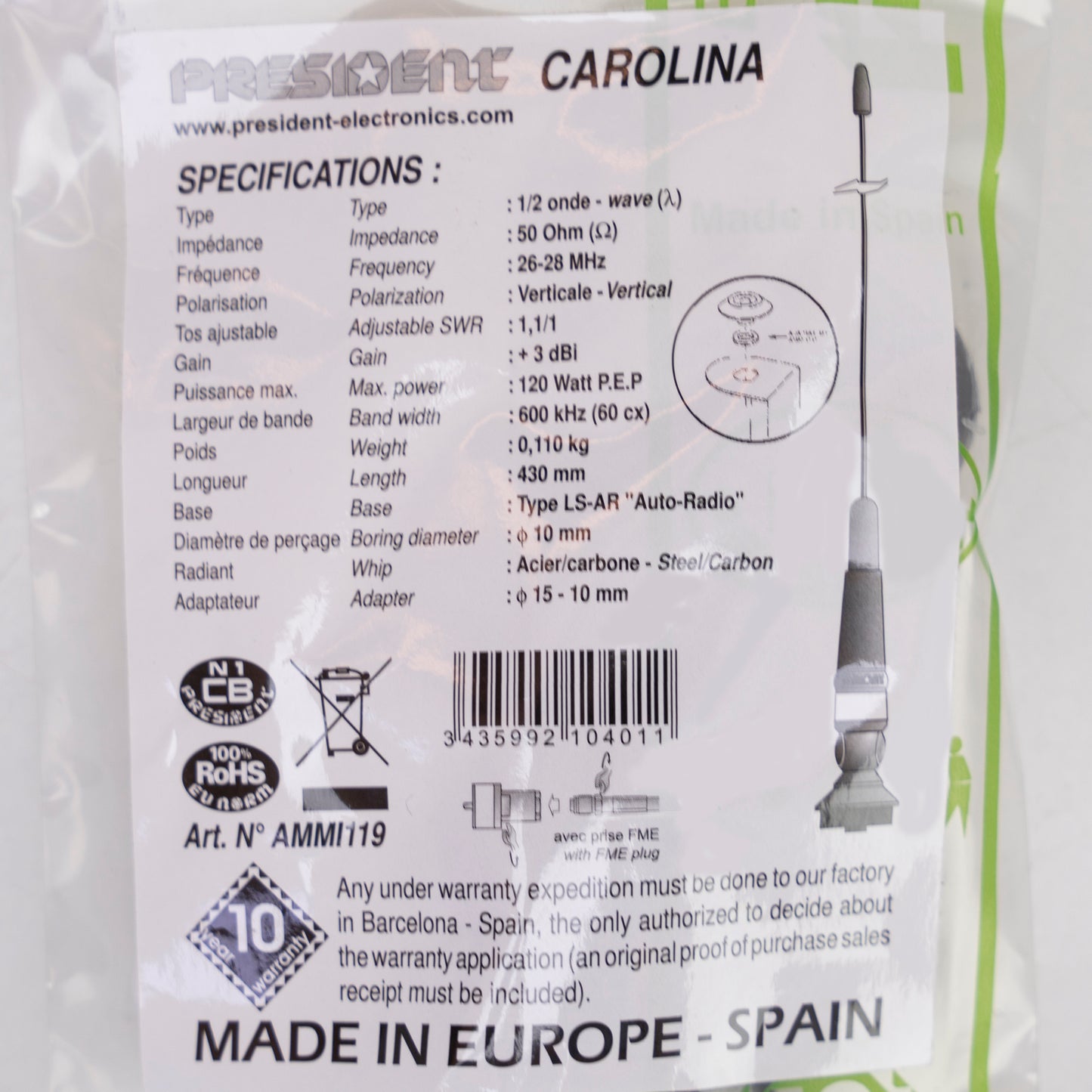 Antena CB President Carolina 43cm cu montura fixa