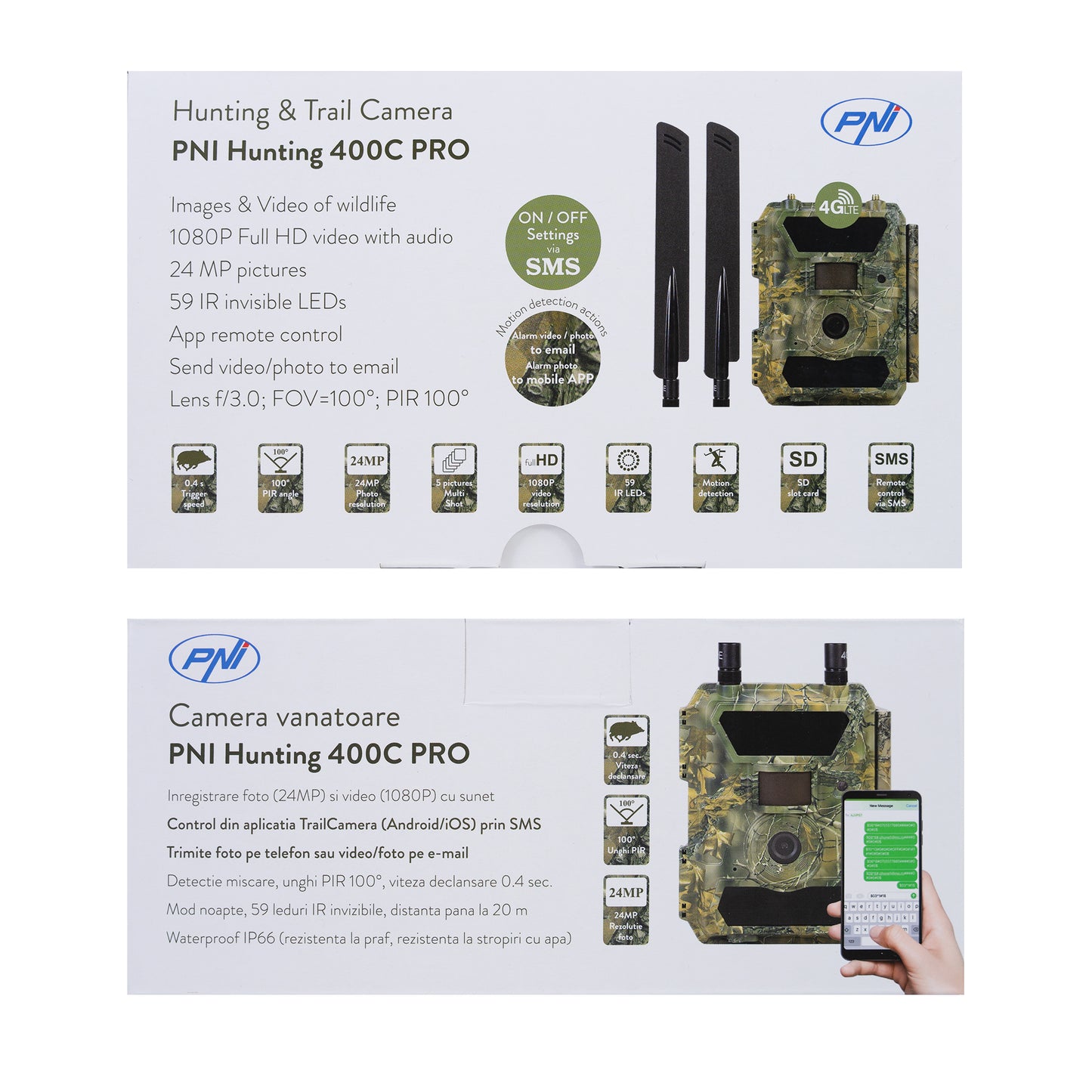 Camera vanatoare PNI Hunting 400C PRO 24MP cu Internet 4G LTE, GPS, transmite simultan video si foto pe telefon, 4 email-uri, FTP, full HD 1080P, Night Vision, 59 LED-uri invizibile pentru animale