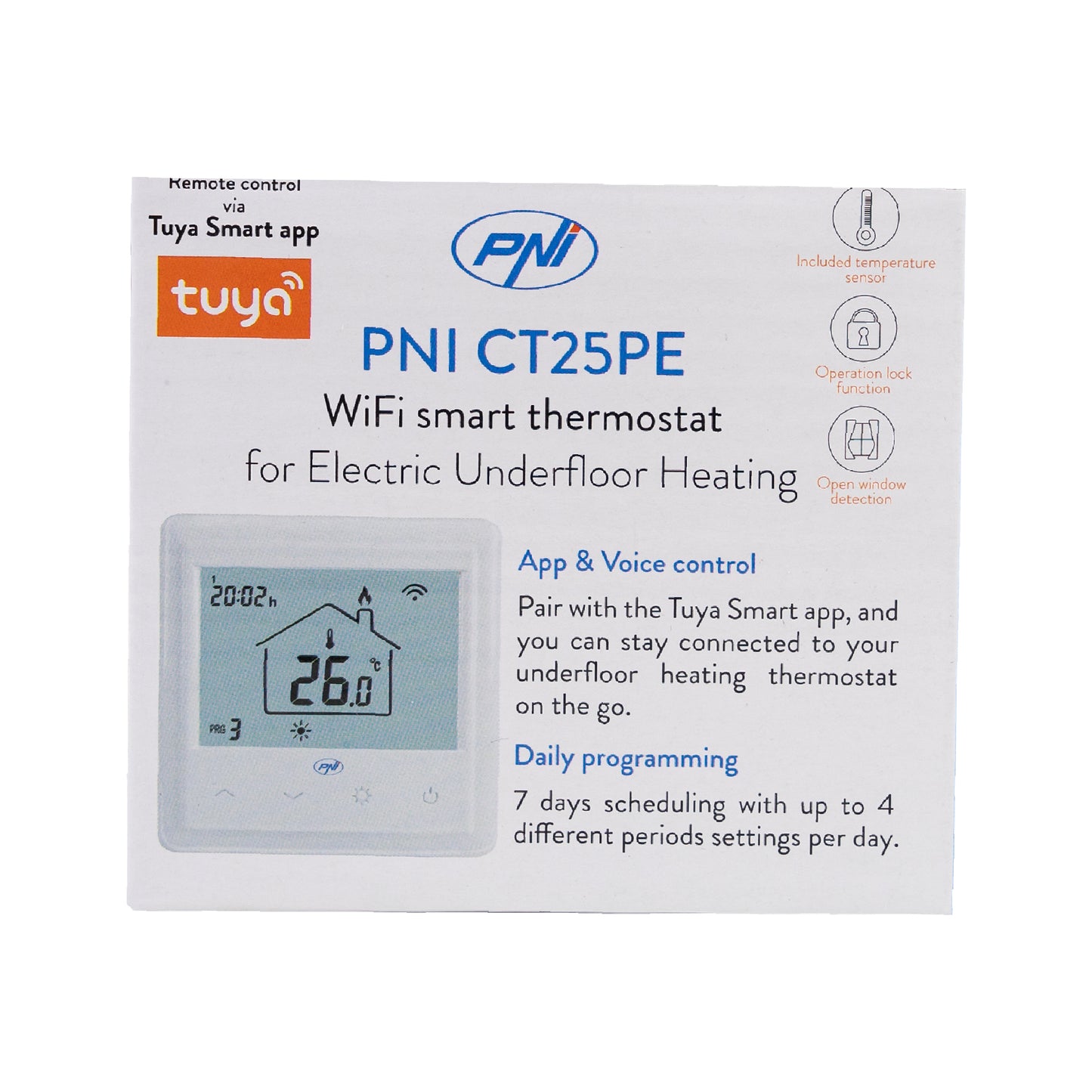 Termostat inteligent incastrabil PNI CT25PE WiFi, control prin internet incalzire electrica in pardoseala, aplicatie mobil Tuya Smart, integrare in scenarii si automatizari smart cu alte produse compatibile Tuya, Alexa si Google Assistant