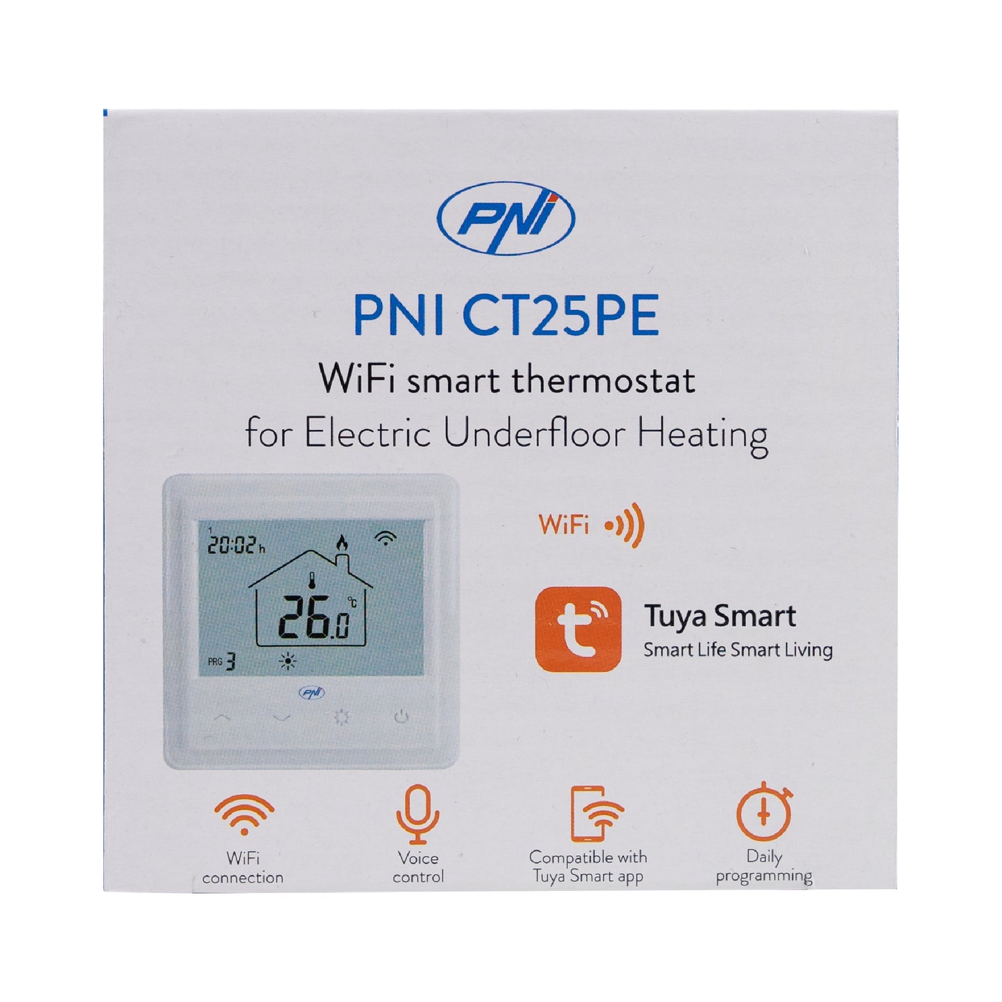 Termostat inteligent incastrabil PNI CT25PE WiFi, control prin internet incalzire electrica in pardoseala, aplicatie mobil Tuya Smart, integrare in scenarii si automatizari smart cu alte produse compatibile Tuya, Alexa si Google Assistant
