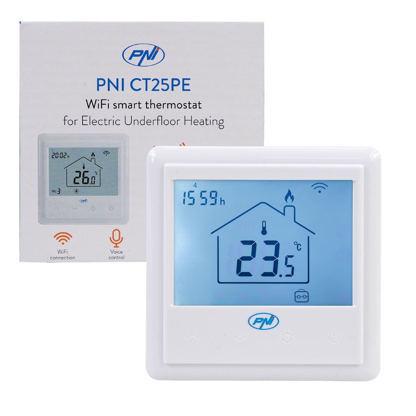 Termostat inteligent incastrabil PNI CT25PE WiFi, control prin internet incalzire electrica in pardoseala, aplicatie mobil Tuya Smart, integrare in scenarii si automatizari smart cu alte produse compatibile Tuya, Alexa si Google Assistant