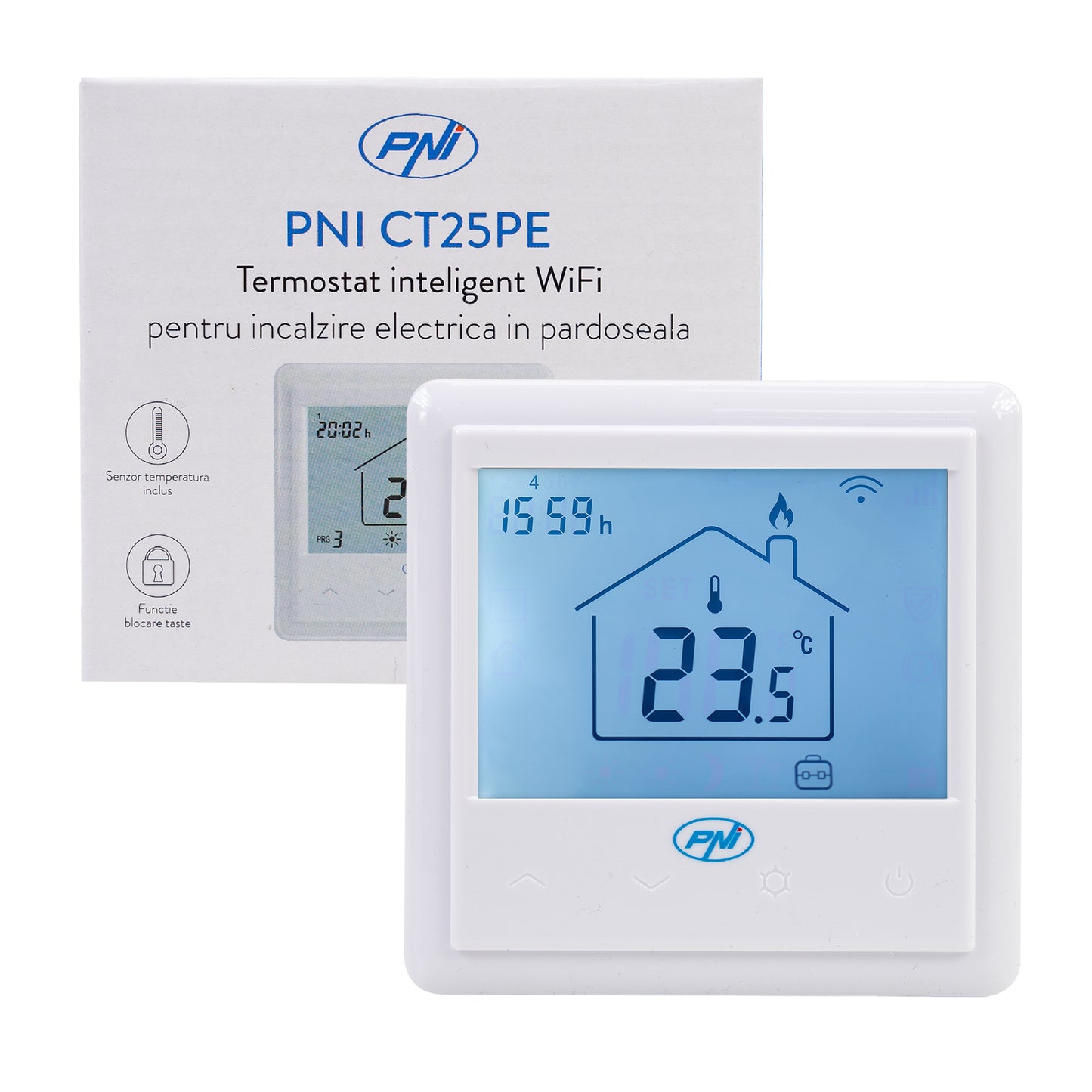 Termostat inteligent incastrabil PNI CT25PE WiFi, control prin internet incalzire electrica in pardoseala, aplicatie mobil Tuya Smart, integrare in scenarii si automatizari smart cu alte produse compatibile Tuya, Alexa si Google Assistant