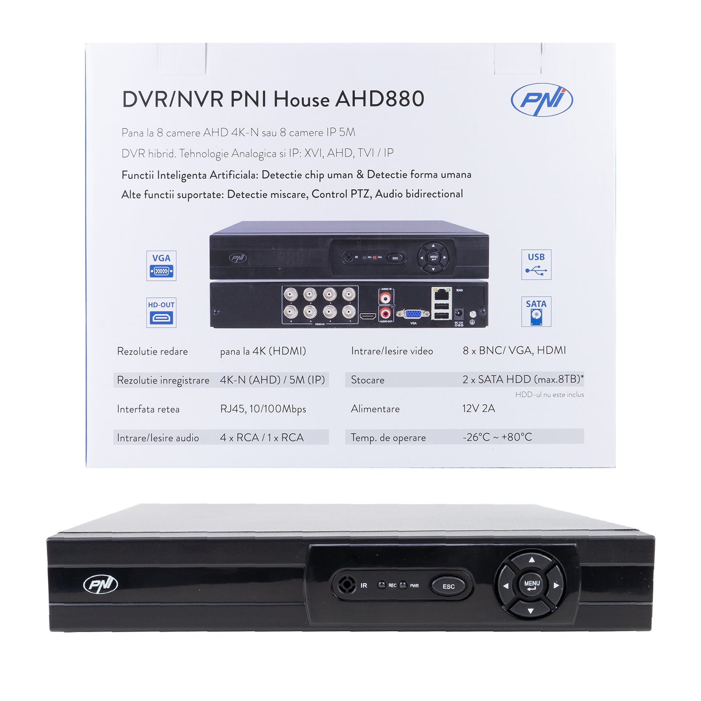 DVR/NVR PNI House AHD880, 8 canale analogice 4K-N sau 8 canale IP 5MP, H265+, intrare audio, iesire audio, USB2.0, 2 x SATA max 8TB