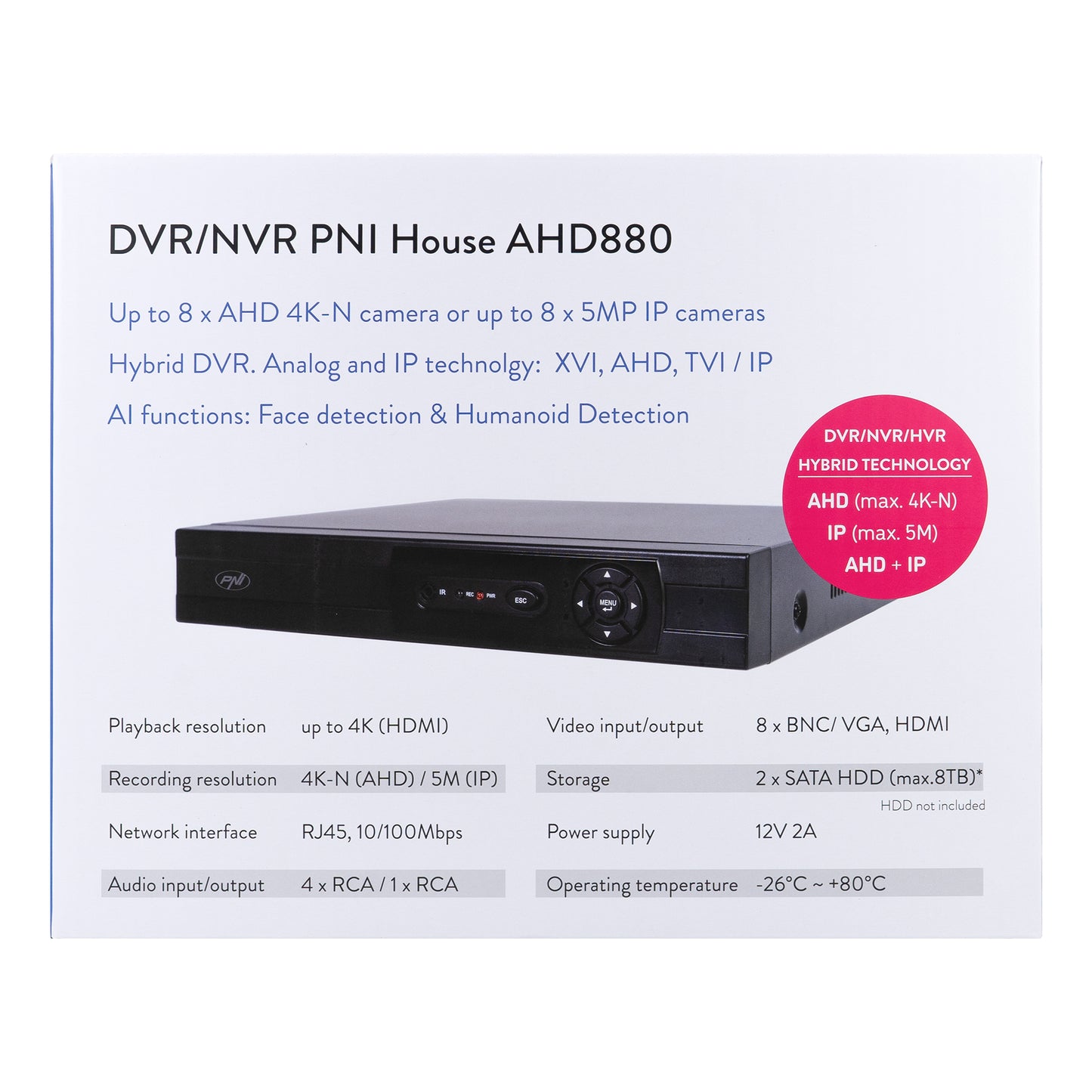 DVR/NVR PNI House AHD880, 8 canale analogice 4K-N sau 8 canale IP 5MP, H265+, intrare audio, iesire audio, USB2.0, 2 x SATA max 8TB