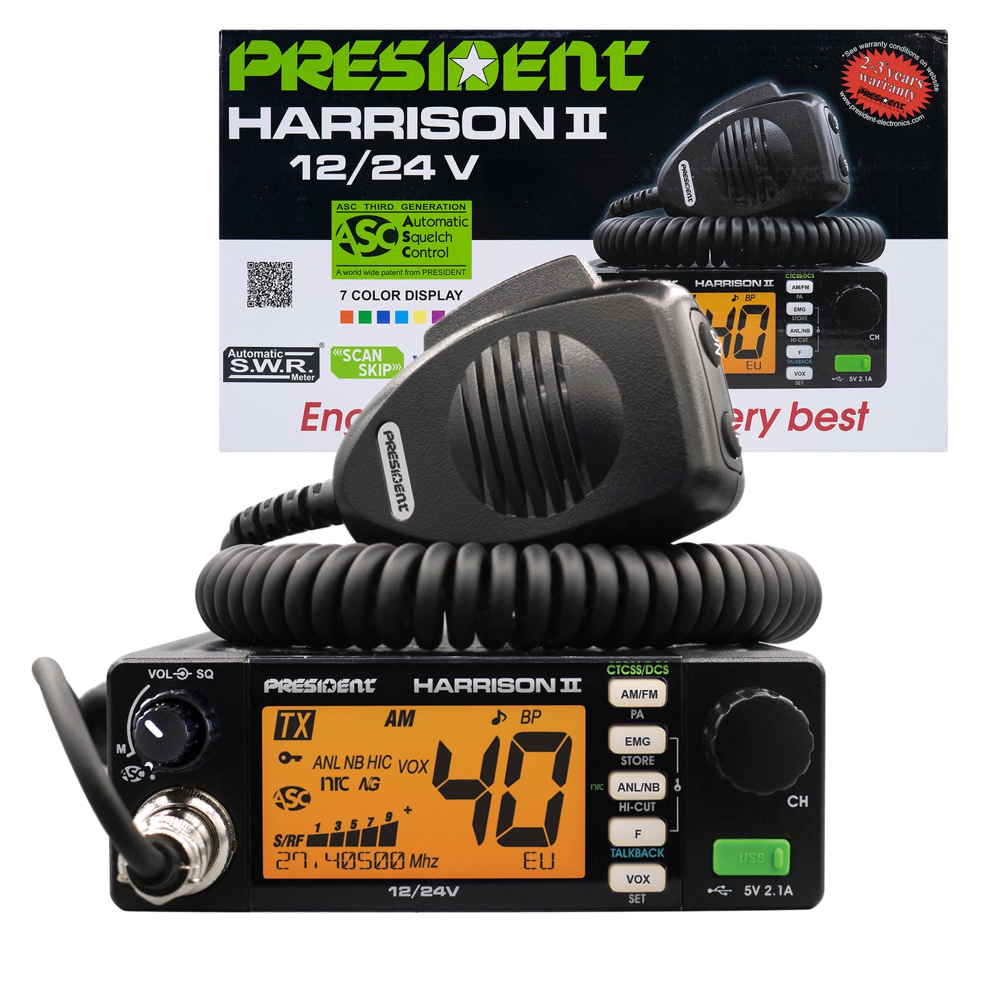 Statie radio CB President HARRISON II ASC AM/FM, VOX, NB, ANL, 12V/24V