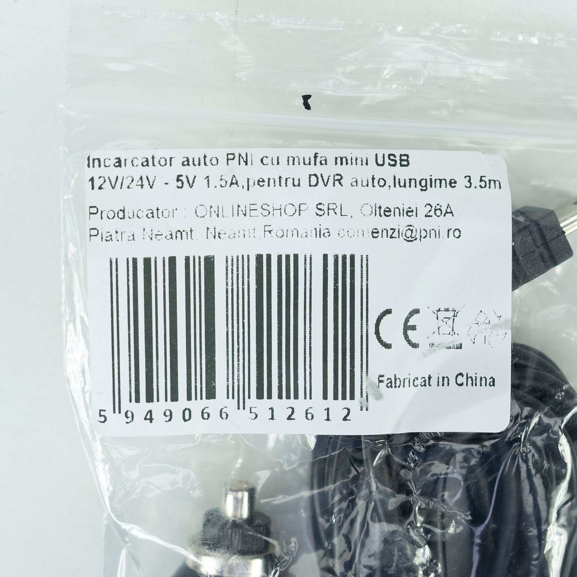 Incarcator auto PNI cu mufa mini USB 12V/24V - 5V 1.5A, pentru DVR auto, lungime cablu 3.5m