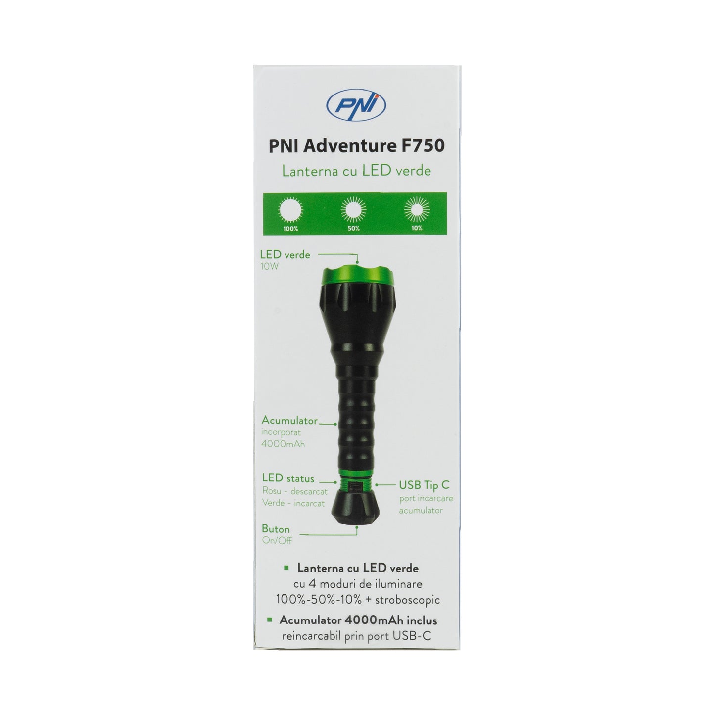 Lanterna PNI Adventure F750 Green Light din aluminiu, LED 10W, 500 lm, pana la 850 m, IP44, acumulator 4000mAh inclus, incarcare prin USB Type-C, lumina verde perfecta la vanatoare