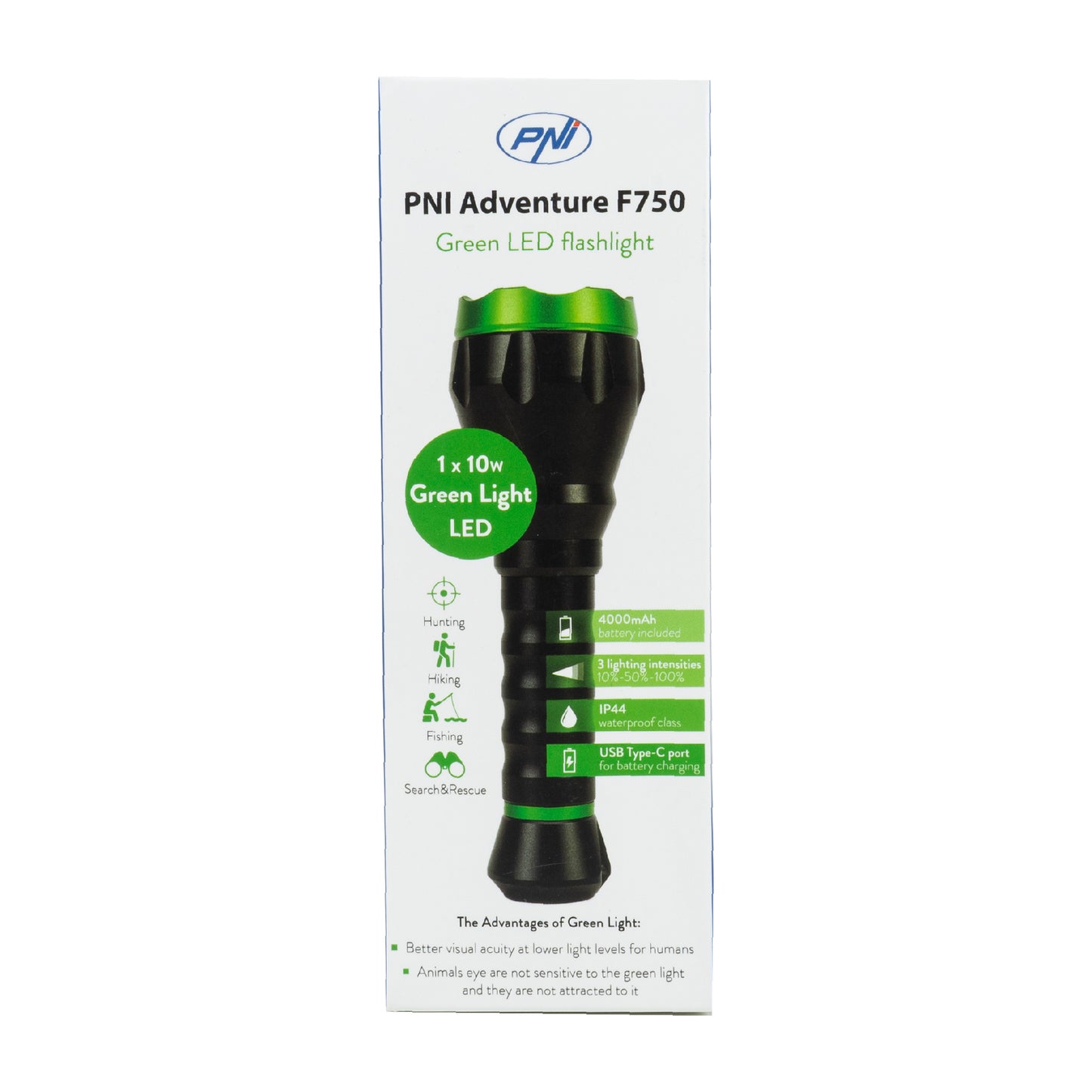 Lanterna PNI Adventure F750 Green Light din aluminiu, LED 10W, 500 lm, pana la 850 m, IP44, acumulator 4000mAh inclus, incarcare prin USB Type-C, lumina verde perfecta la vanatoare