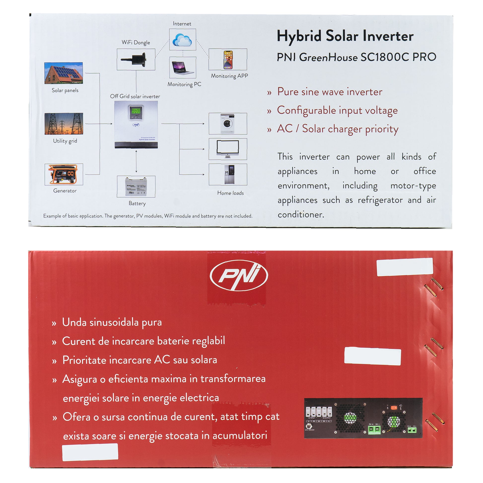 Invertor solar PNI GreenHouse SC1800C PRO 3KW 13A 3000VA, 24V, MPPT 60A, Off Grid Hibrid Sinus pur