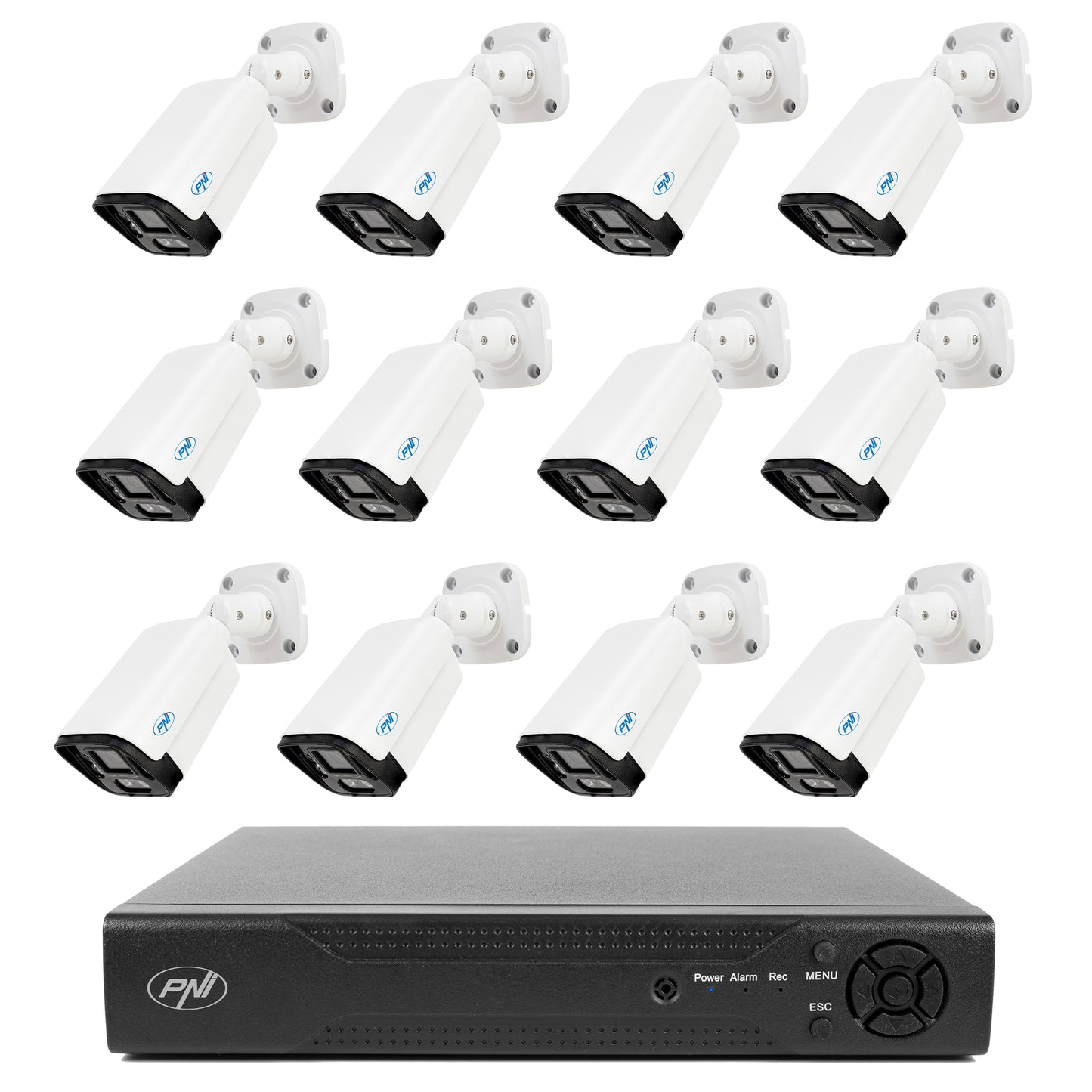 Pachet supraveghere video NVR PNI House IP716, 16 canale IP 4K, H.265, ONVIF si 12 camere PNI IP125 cu IP, 5MP, IP66