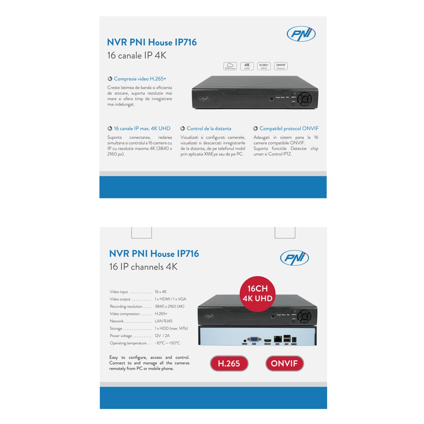 Pachet supraveghere video NVR PNI House IP716, 16 canale IP 4K, H.265, ONVIF si 4 camere PNI IP125 cu IP, 5MP, IP66