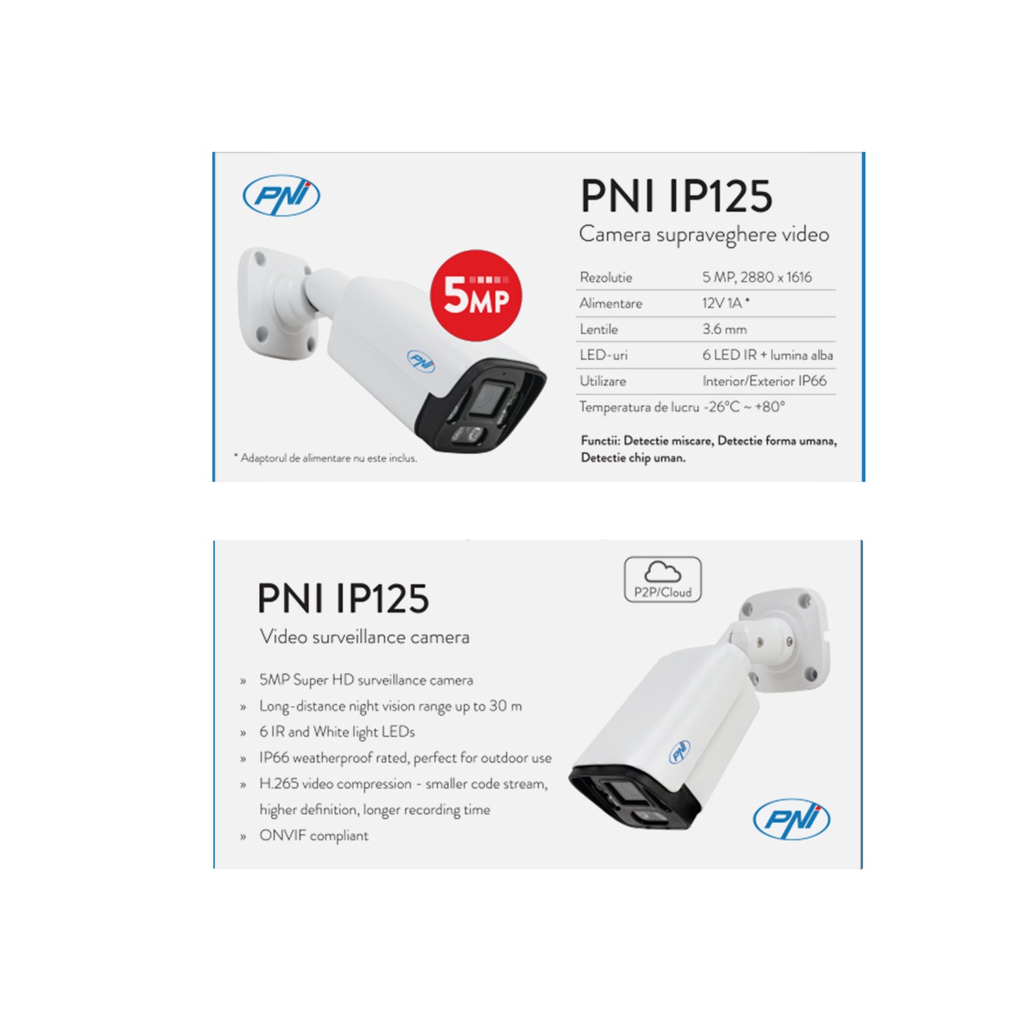 Pachet supraveghere video NVR PNI House IP716, 16 canale IP 4K, H.265, ONVIF si 4 camere PNI IP125 cu IP, 5MP, IP66