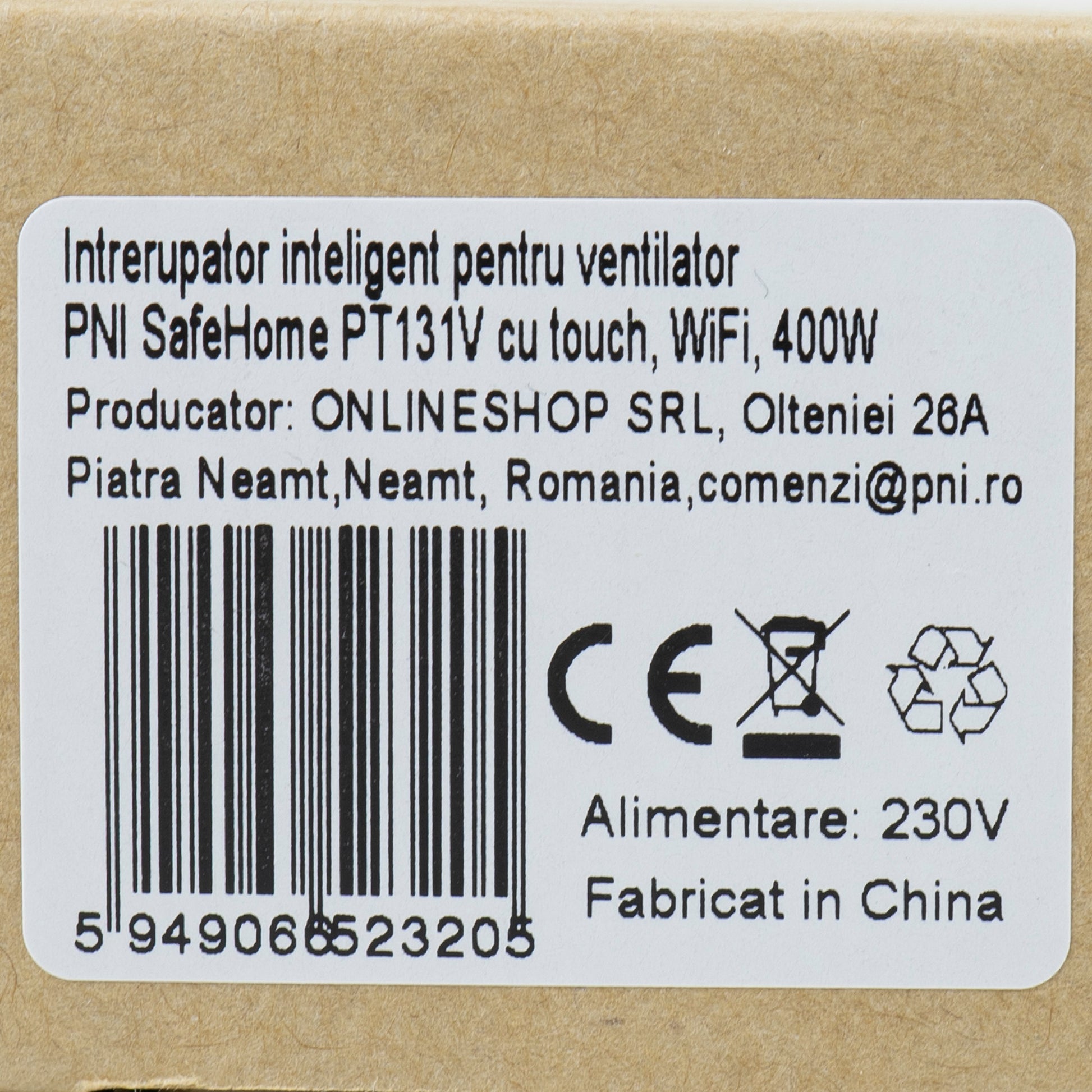 Intrerupator inteligent pentru ventilator PNI SafeHome PT131V cu touch, WiFi, 400W, comanda prin internet, aplicatie de mobil Tuya Smart, integrare in scenarii si automatizari smart cu alte produse compatibile Tuya, Alexa si Google Assistant