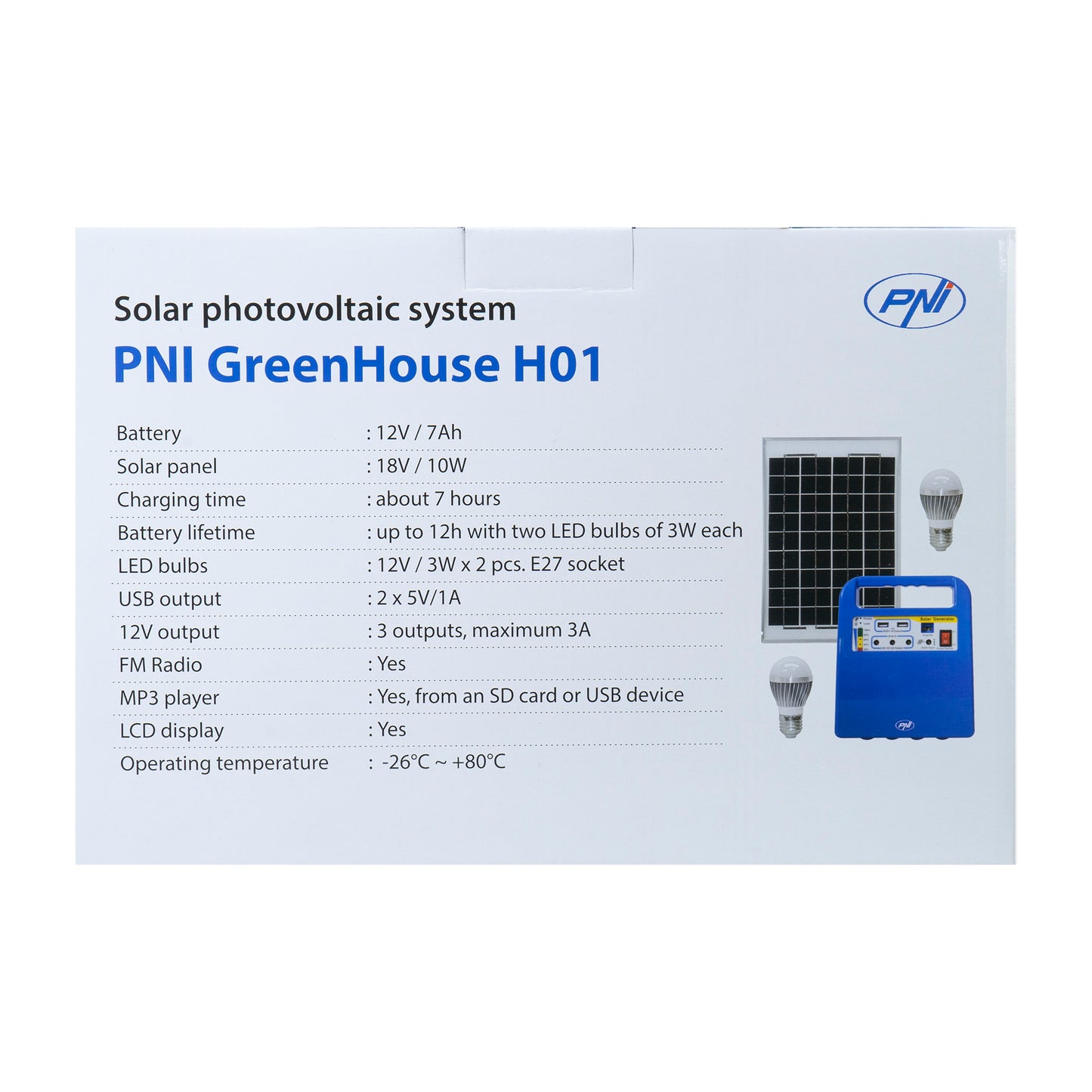 Sistem solar fotovoltaic PNI GreenHouse H01 30W cu acumulator 12V/7Ah, USB/Radio/MP3, 2 becuri LED