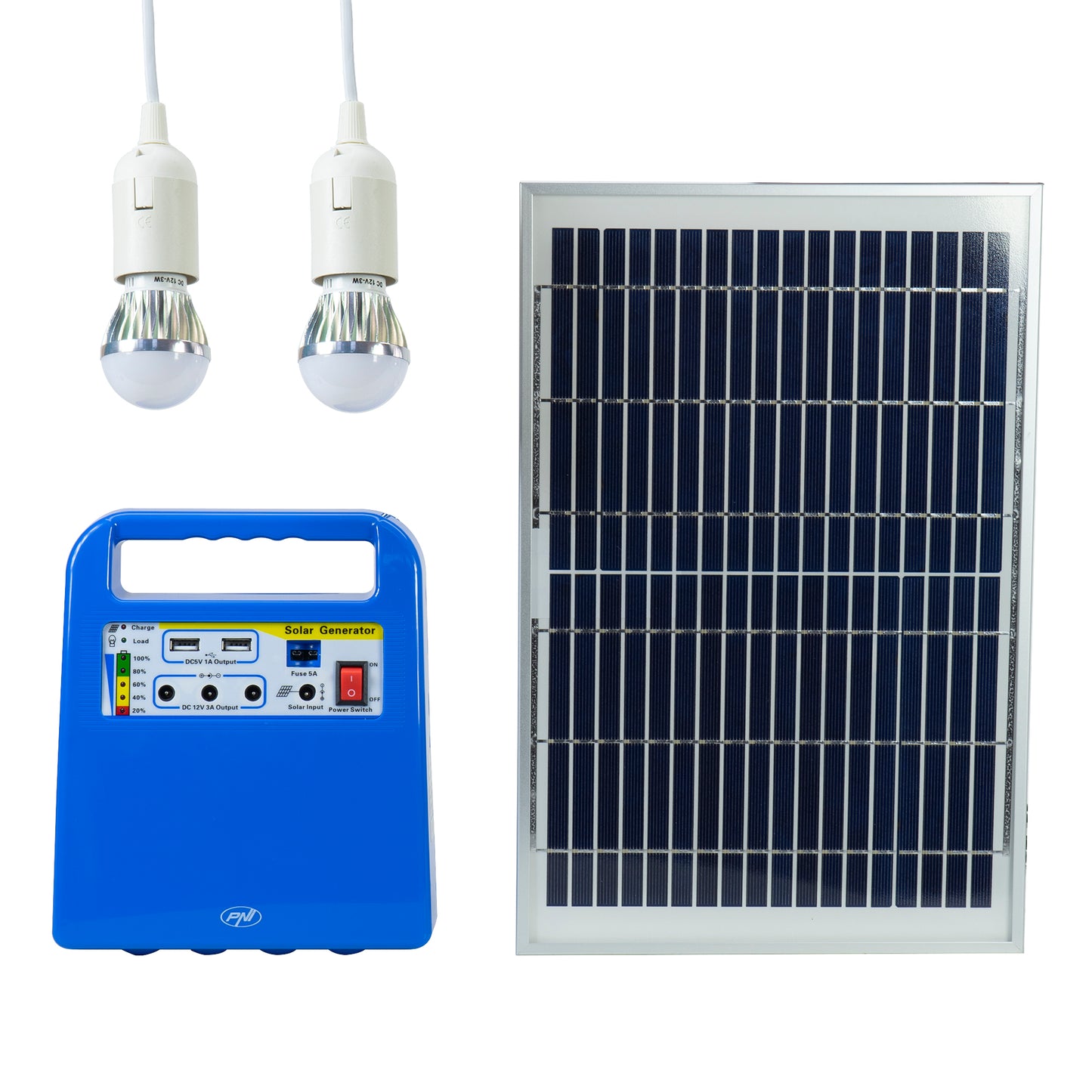 Sistem solar fotovoltaic PNI GreenHouse H01 30W cu acumulator 12V/7Ah, USB/Radio/MP3, 2 becuri LED