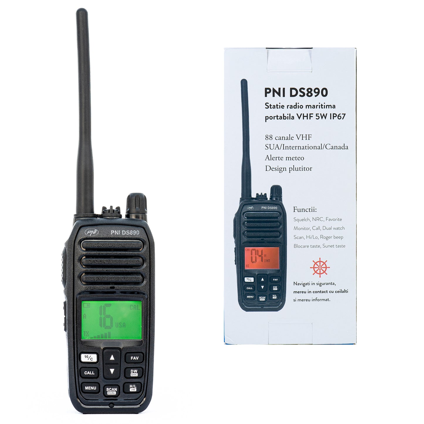Statie radio maritima portabila PNI DS890 88 canale, 10 canale meteo, Squelch reglabil, Roger Beep, Dual Watch, Scan, Call, NRC, acumulator 1800mAh, IP67