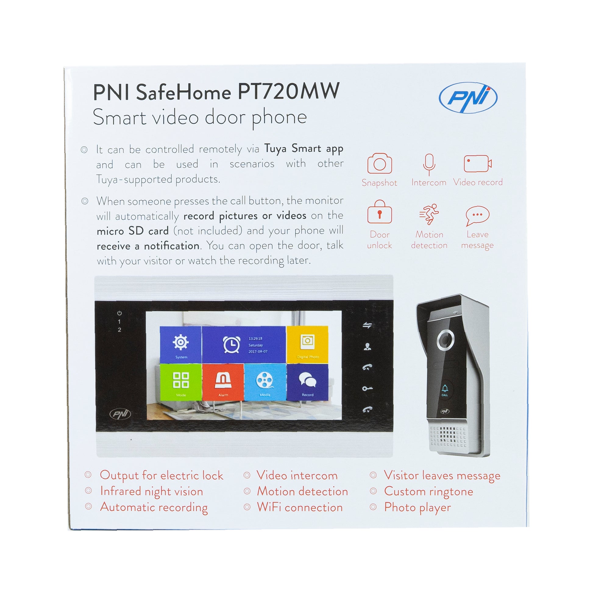 Interfon video inteligent PNI SafeHome PT720MW WiFi HD, P2P, monitor interior, aplicatie dedicata Tuya Smart, integrare in scenarii si automatizari smart cu alte produse compatibile Tuya