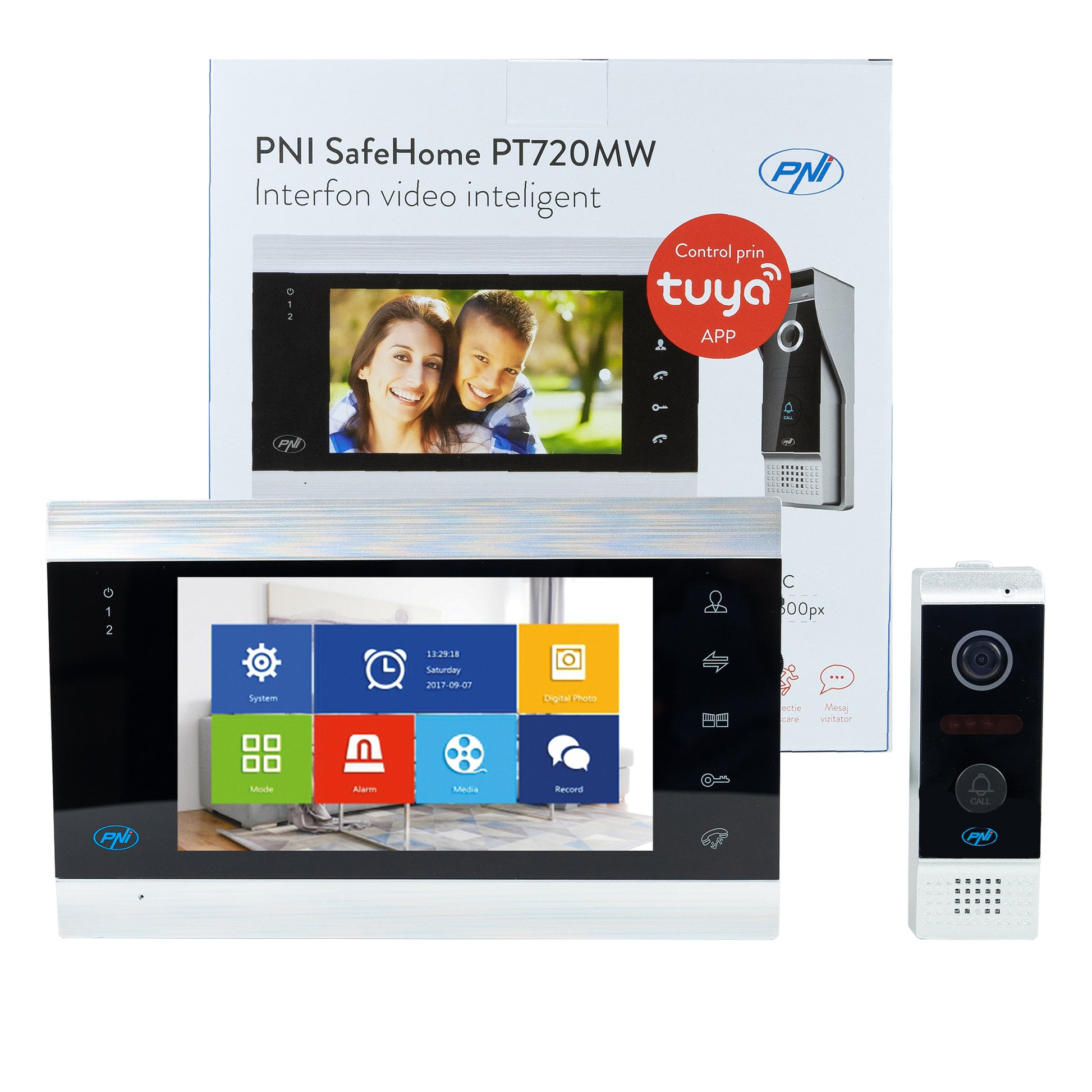 Interfon video inteligent PNI SafeHome PT720MW WiFi HD, P2P, monitor interior, aplicatie dedicata Tuya Smart, integrare in scenarii si automatizari smart cu alte produse compatibile Tuya